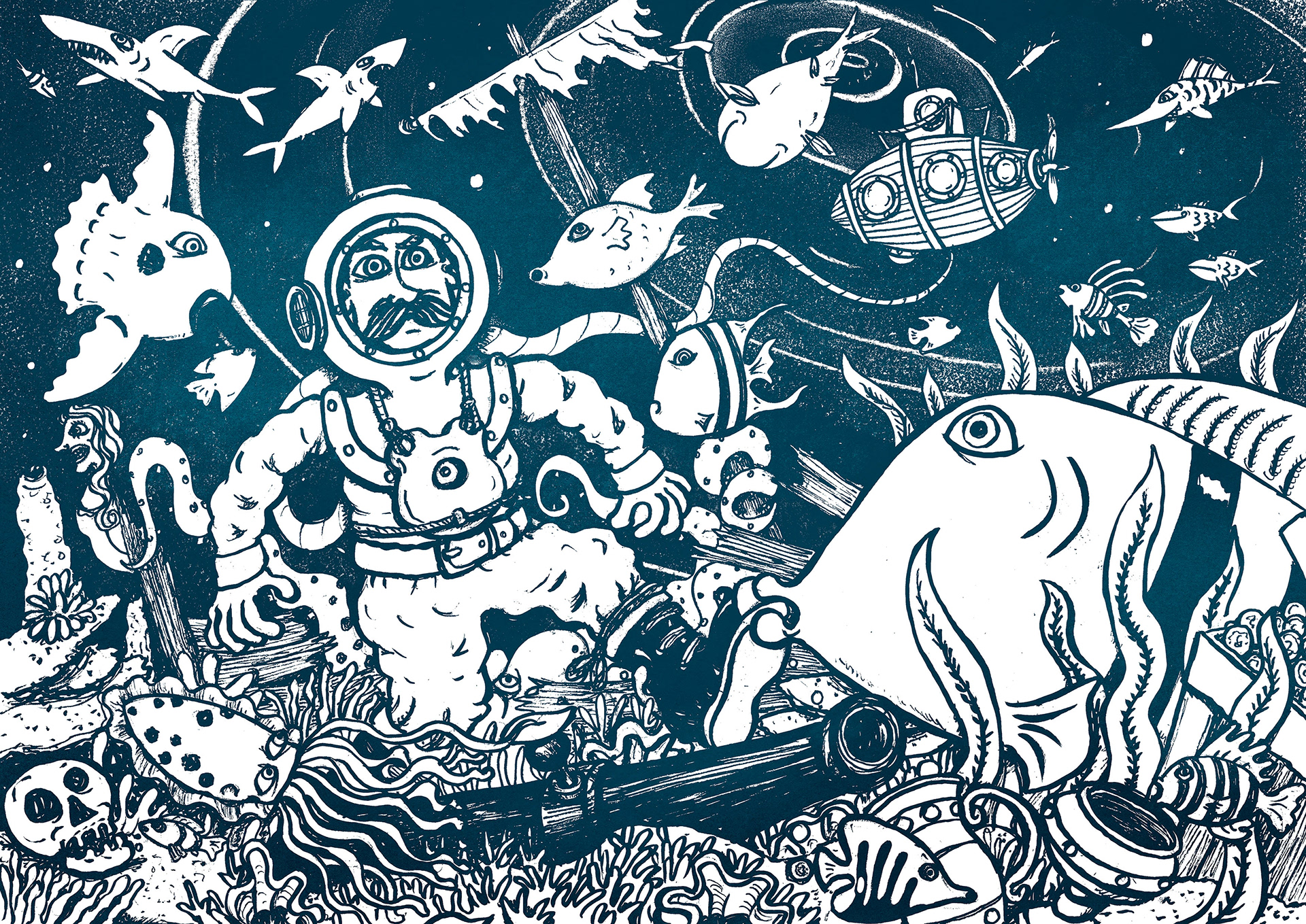 a deep sea diver, with fish, squid explores a ship wreck