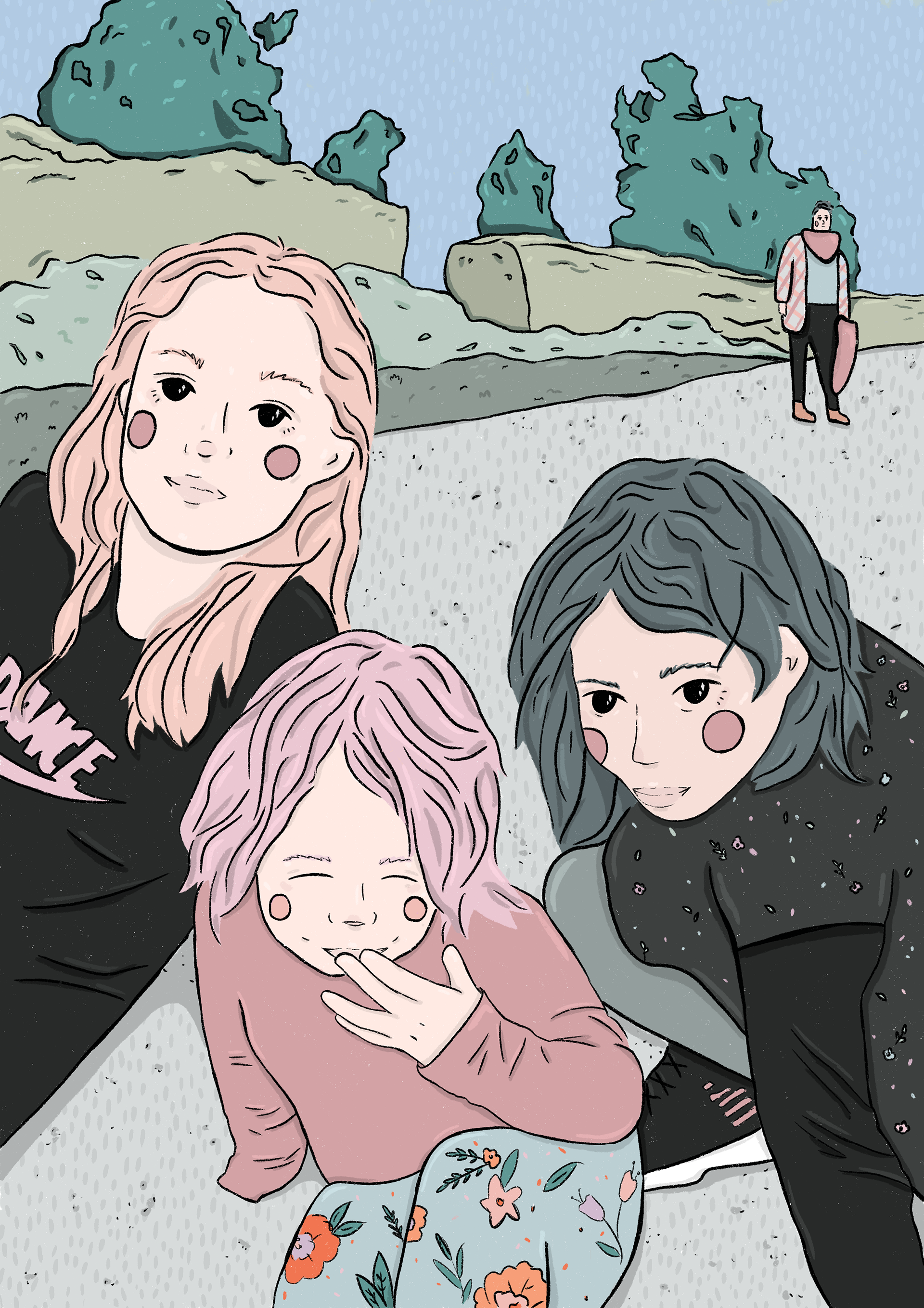 Family portrait illustration drawn from a photo.
