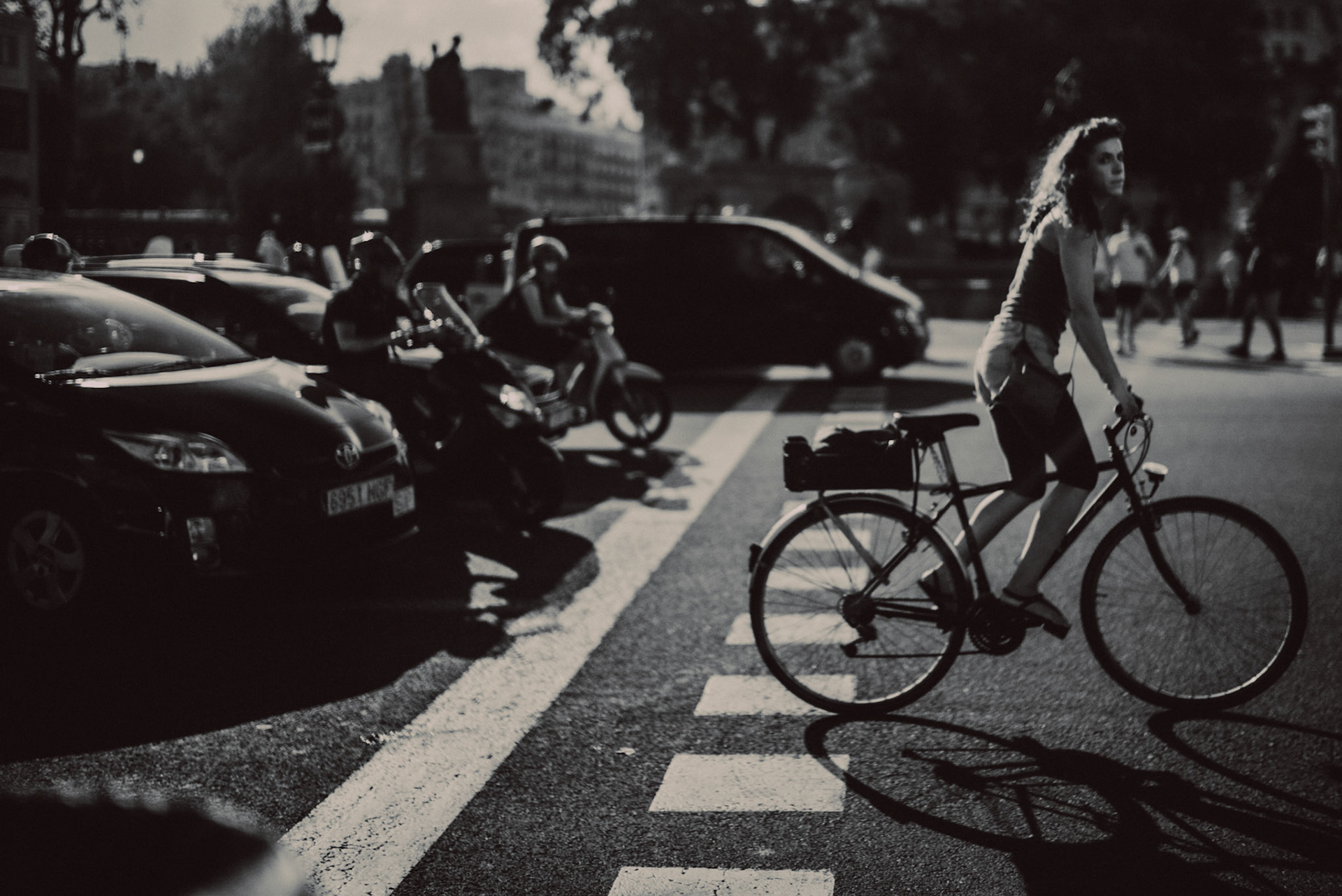 A cyclist near Placa de Catalunya, in black and white, Barcelona, Spain, July 2015, Leica M.
