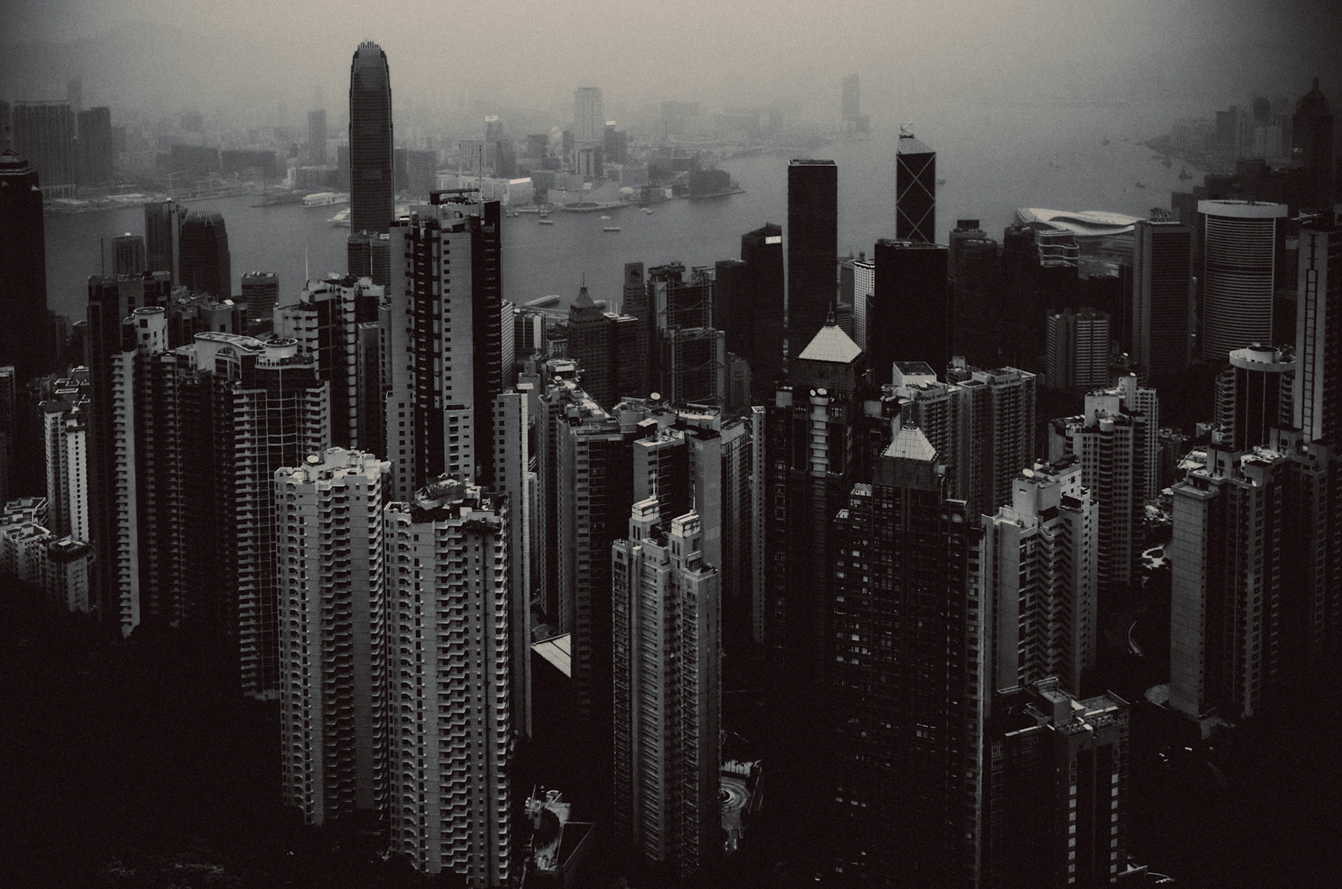 Foggy central business district skyline from Victoria Peak, in black and white, Central, Hong Kong, March 2014, Canon 6D.