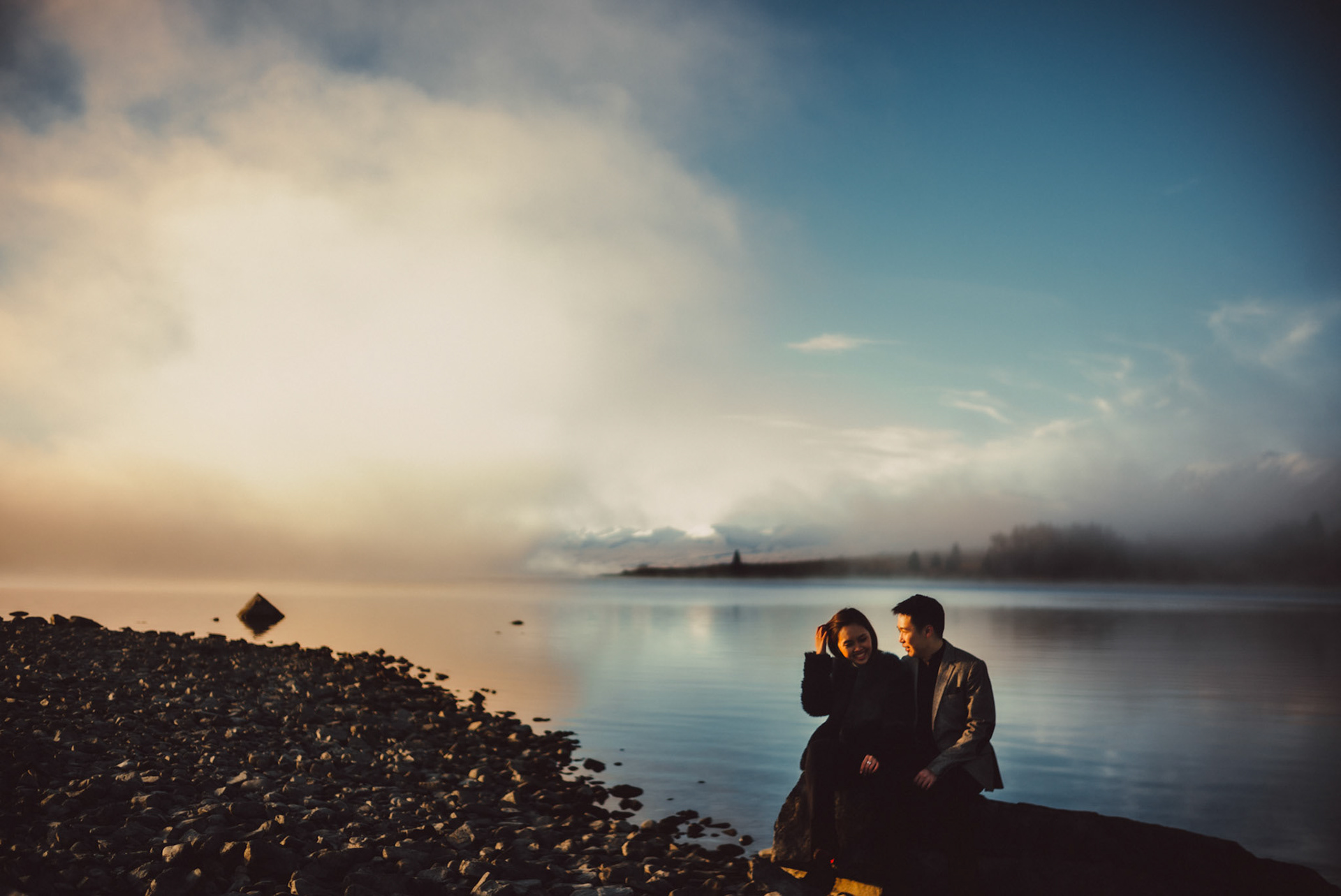 Couple pre-wedding photos beside foggy Lake Tekapo, Canterbury, New Zealand, June 2017, Sony A7SII.
