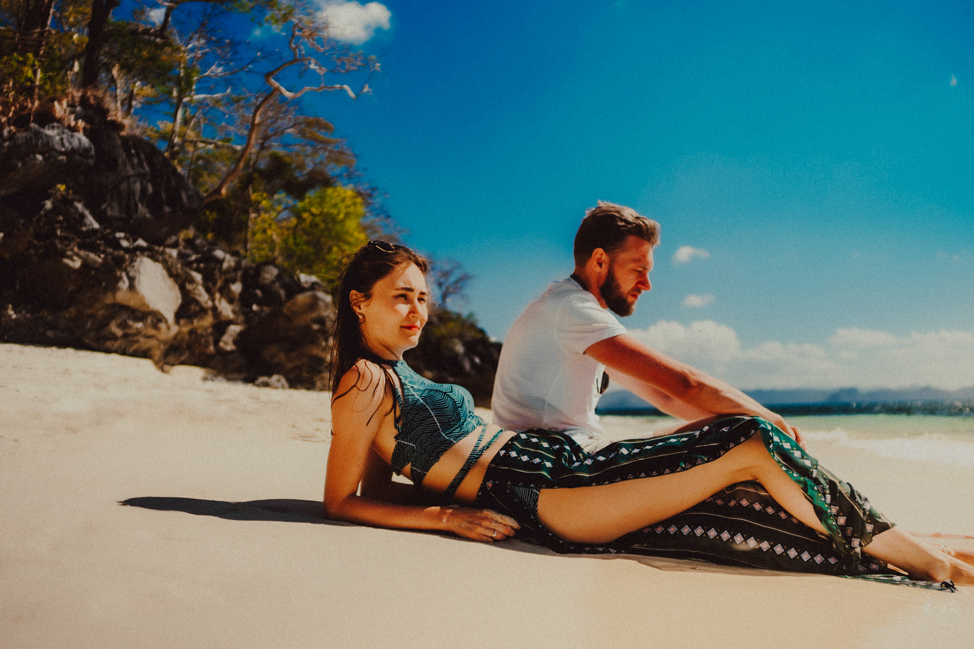 Moody honeymoon portraits on an idyllic tropical beach in El Nido, Palawan, Philippines, Southeast Asia, February 2019, Sony A7III.