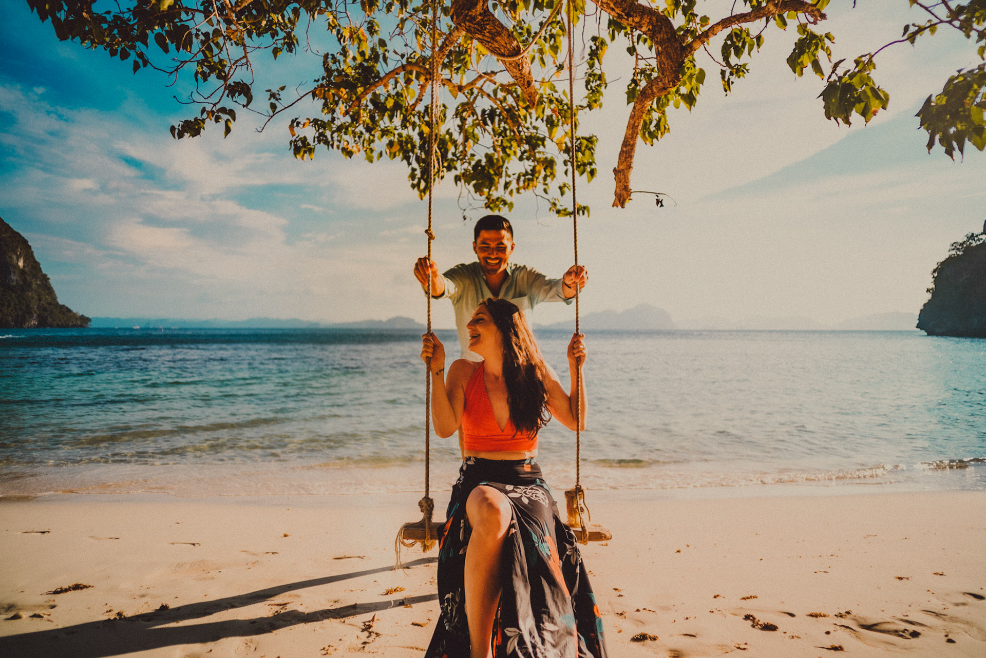 On a swing in Paradise Beach, Cadlao Island, from Peter &amp; Alexis' adventure pre wedding photo shoot in El Nido, Palawan, Philippines, Southeast Asia, April 2018, Sony A7SII