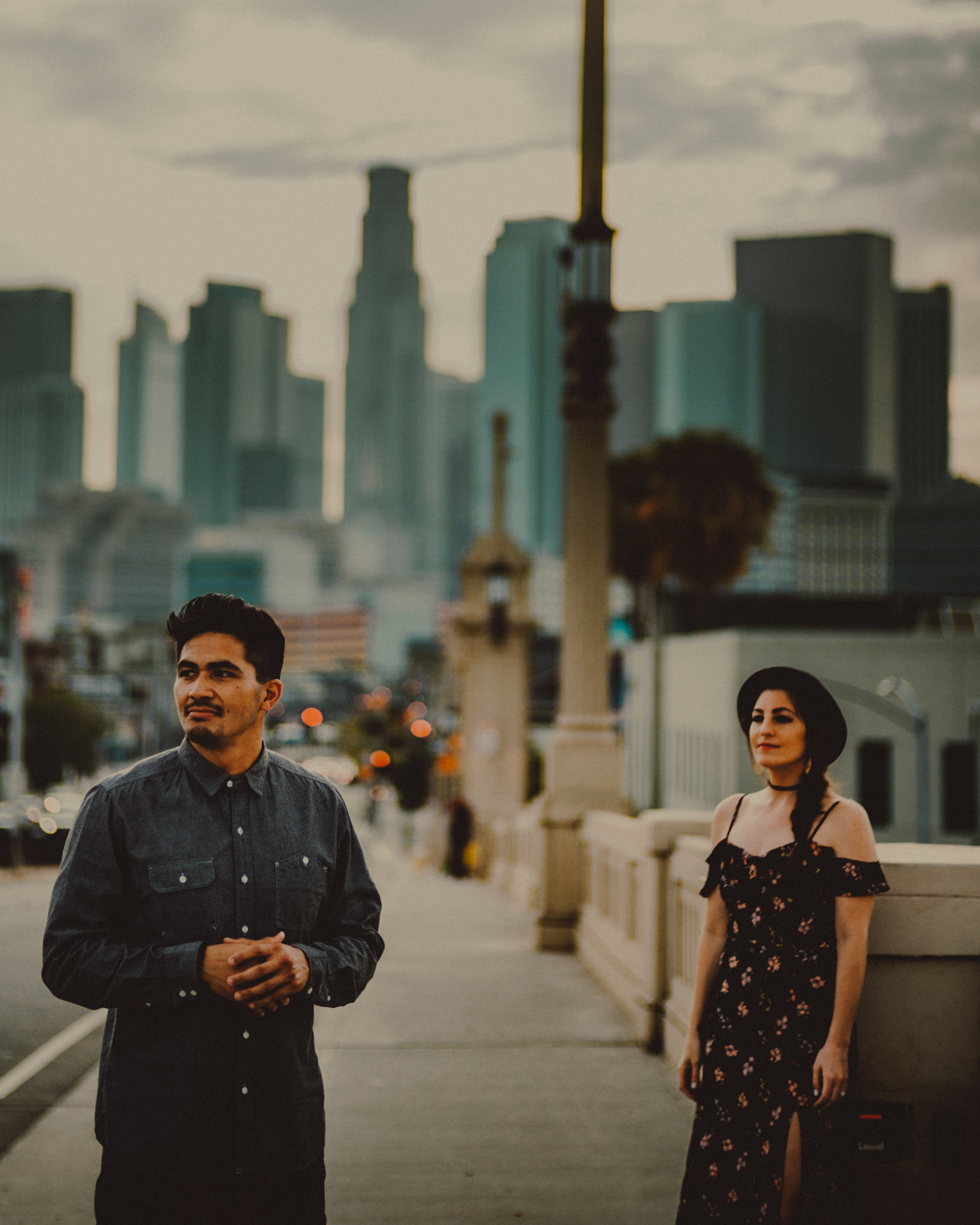 E 1st Street Bridge moody city engagement shoot in Downtown Los Angeles, California, USA, July 2018, Leica M.