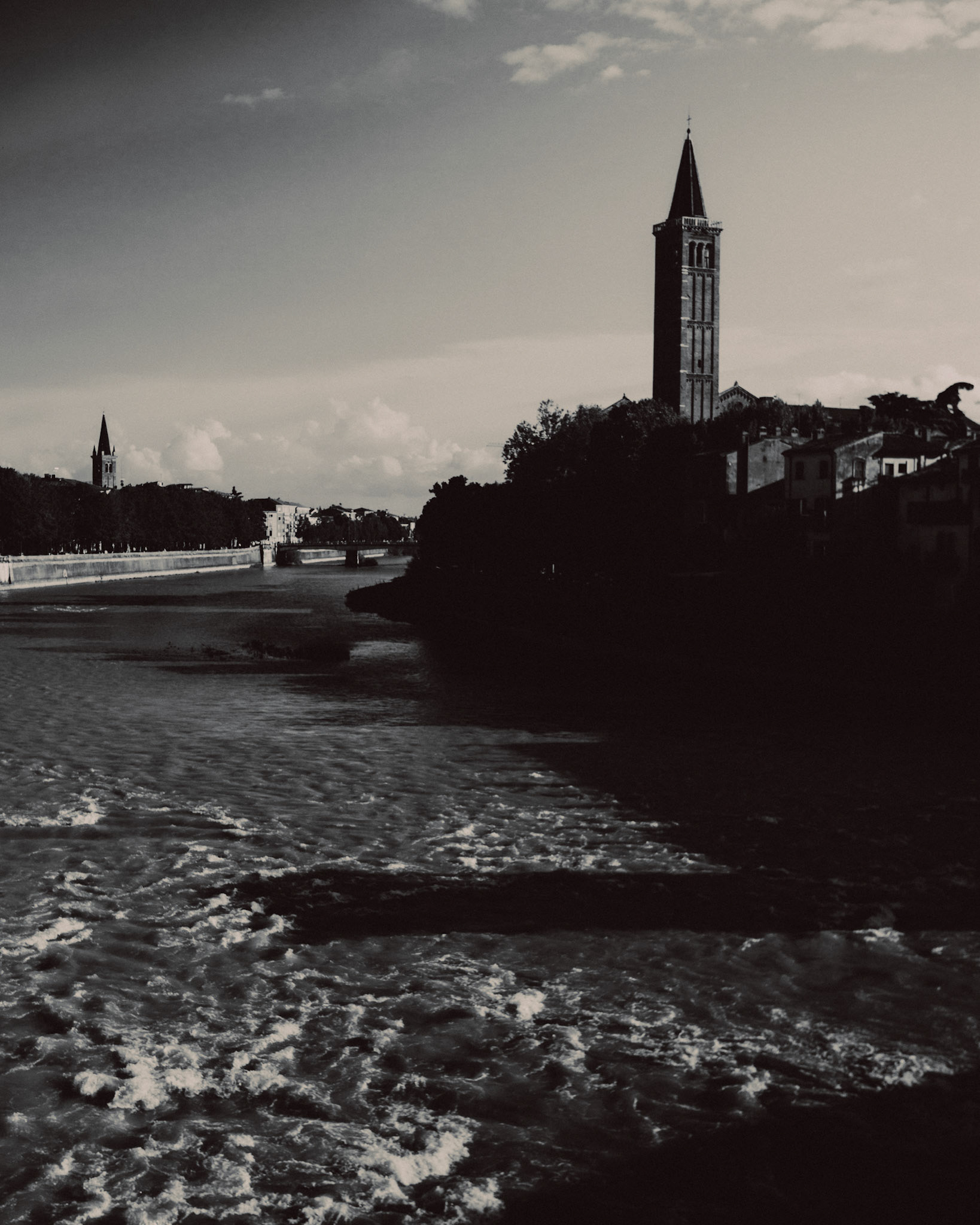 The Adige and late afternoon shadows, in black and white, Verona, Italy, September 2017, Leica M.
