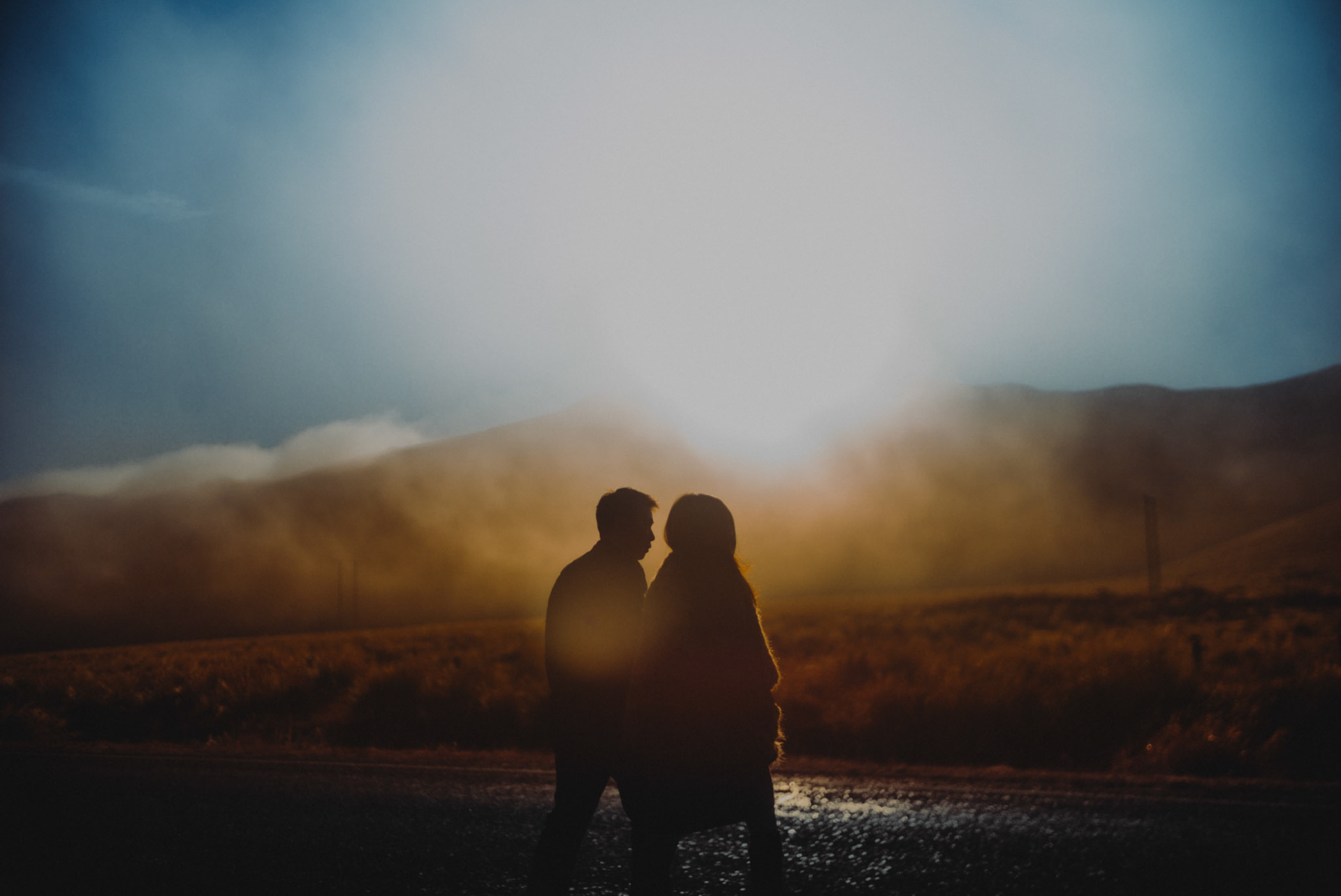 A moody and cinematic engagement session beside a foggy hillside, New Zealand, June 2017, Leica M.