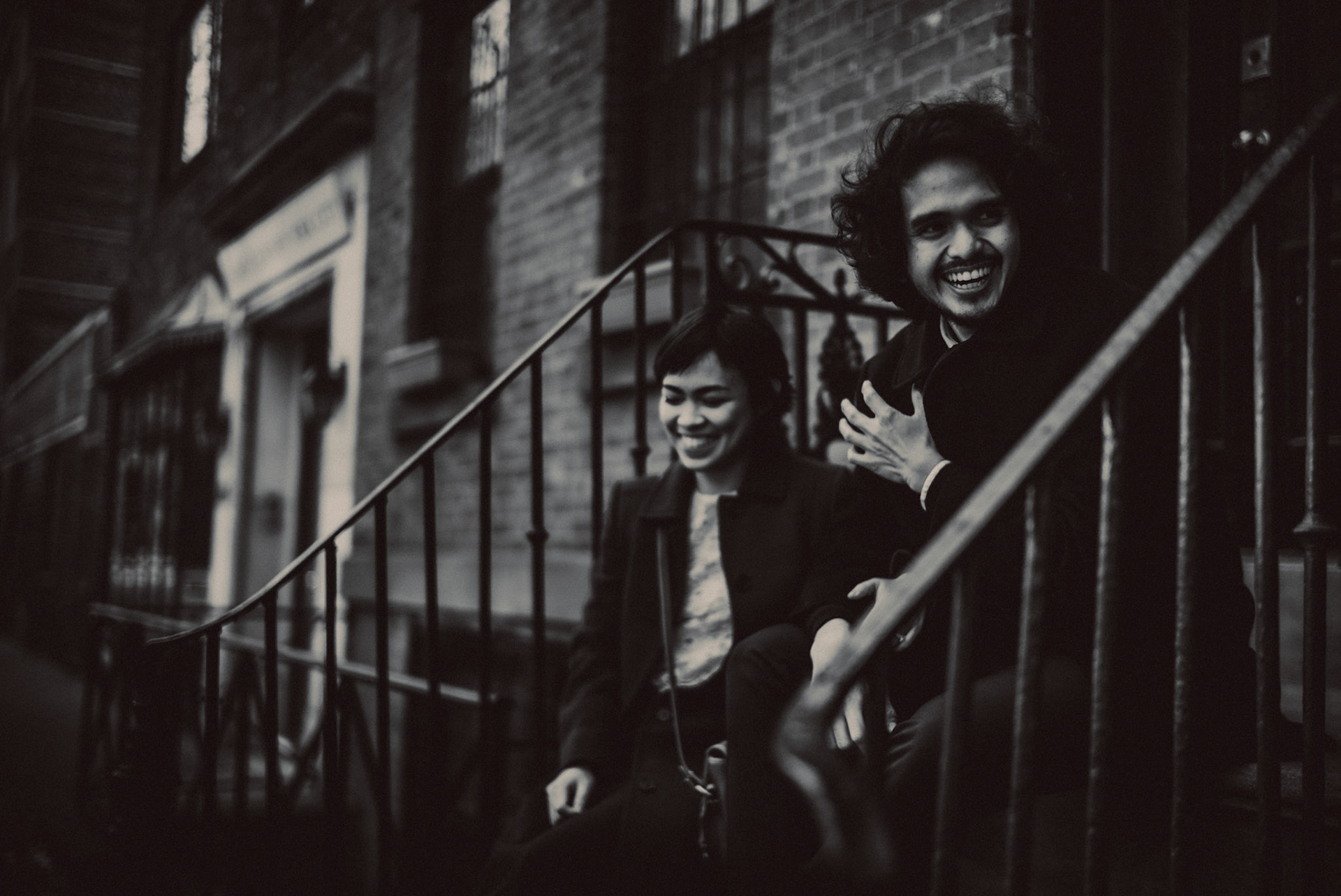 Brick houses at Greenwich Village, in black and white, from AC &amp; Winona's casual and chill engagement shoot in Manhattan, New York City, USA, December 2017, Leica M.