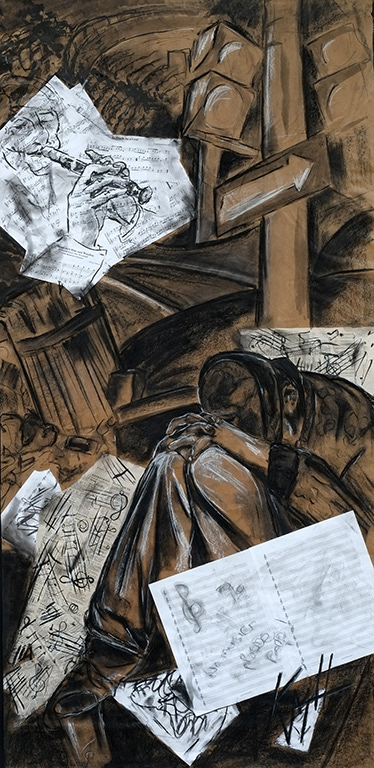 "Street Music" - Ink, pastel, conté, graphite, paper on kraft paper, mounted on canvas"Street Music" - Ink, chalk pastel,conté,, graphite, paper on kraft paper