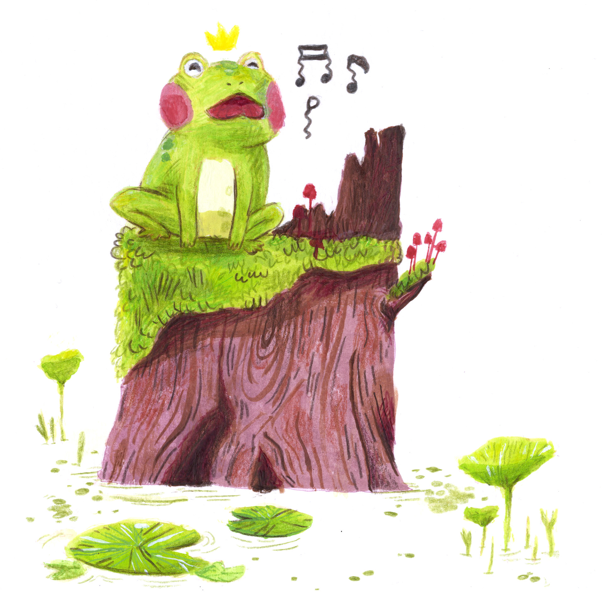 ‘Frog on a log in a bog’ gouache, watercolour and coloured pencil