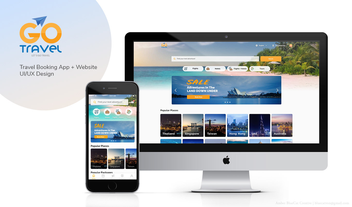 Amber BlueCat Creative - Travel Booking App + Website UI/UX Design
