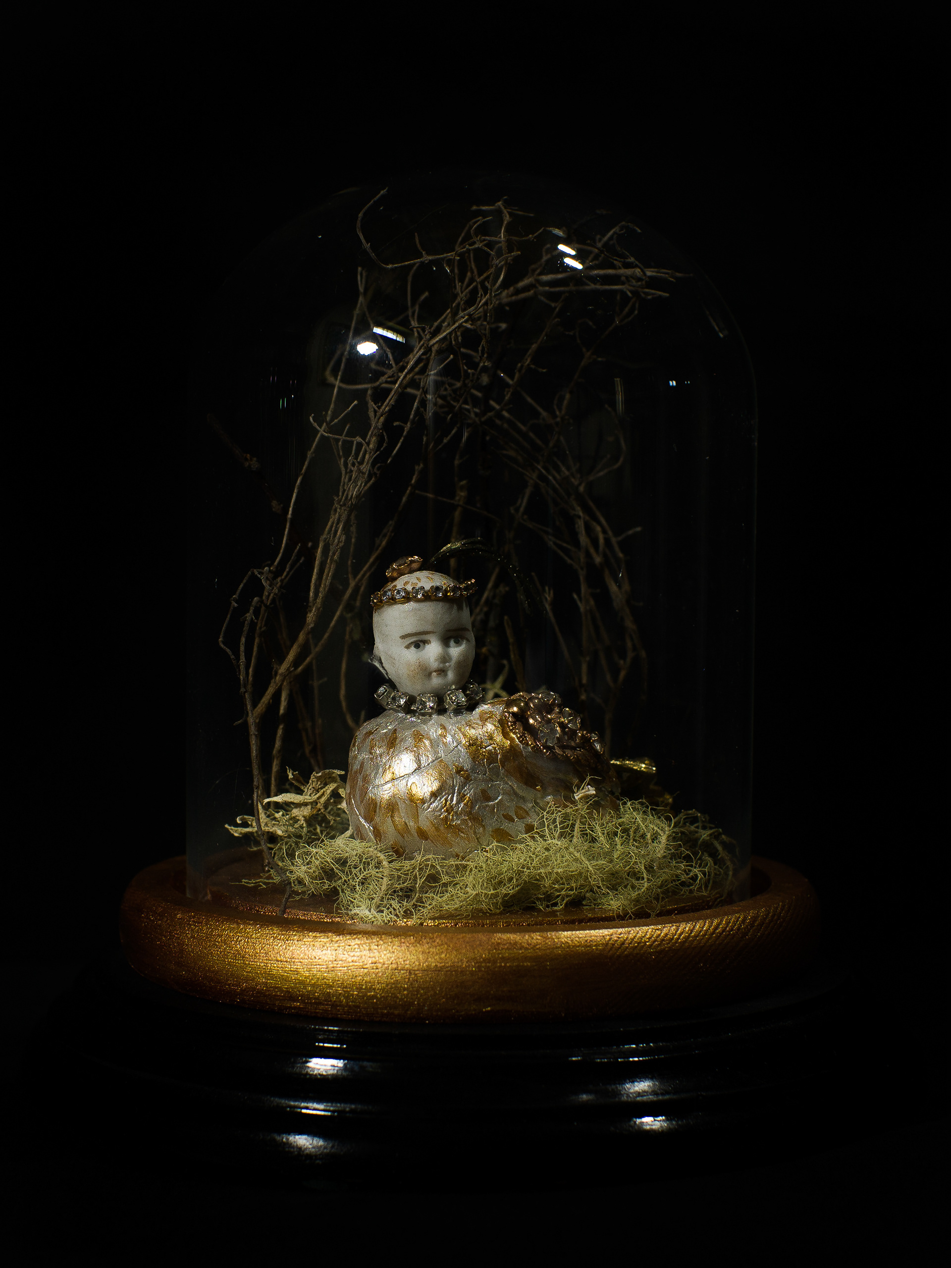 The Cuckoo’s Nest - Antique German bisque doll’s head, clay, vintage jewellery, glass and wood bell jar. 18 x 15