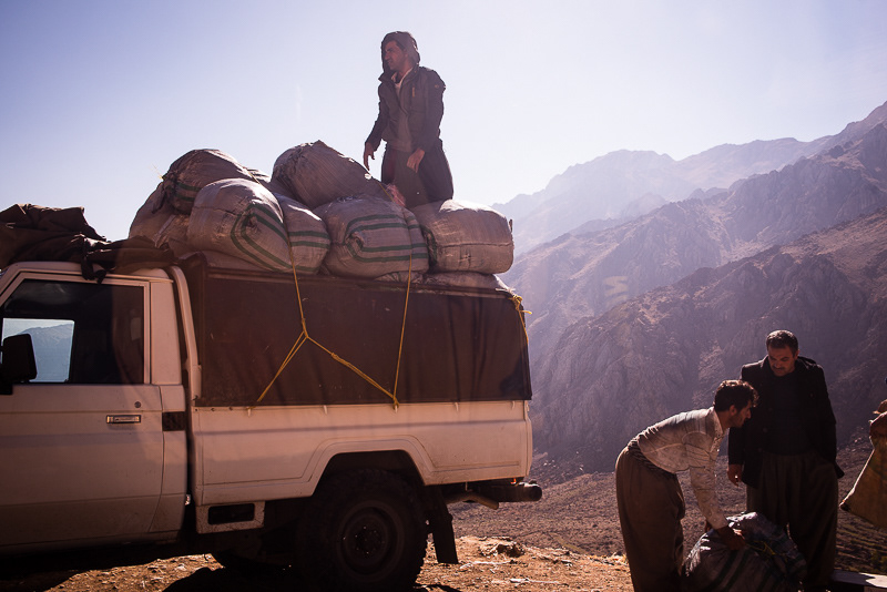 Les derniers paquets sont entassés à l'arrière des pick-ups des kasibkars (les intermédiaires) en direction de Sanandadj et des villages alentours.