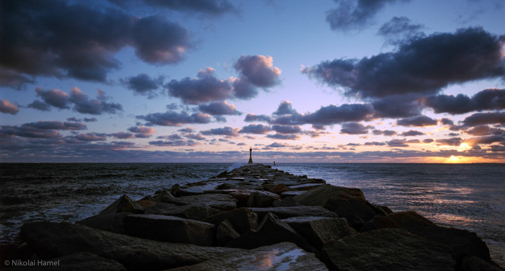 Wide of Scusset Light at Dawn. Pentax 645N, Kodak Portra 160-120. 35mm F3.5, 1/250", UV