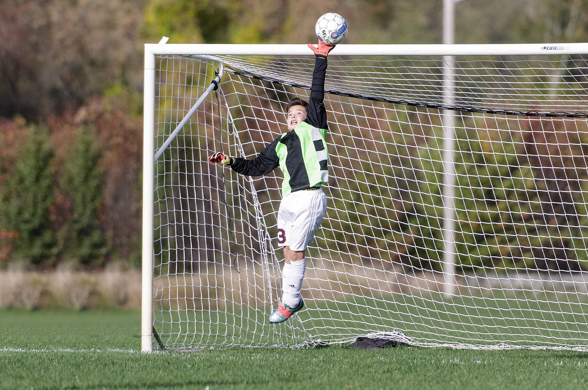 Zachary Barbash, 10, of Mount Laurel United U11 attempts to save a shot on goal on October 22, 2016 at Trotters Field in Mount Laurel, NJ. The team lost 4 - 2 against the Medford Strikers in the second of a home and away series.