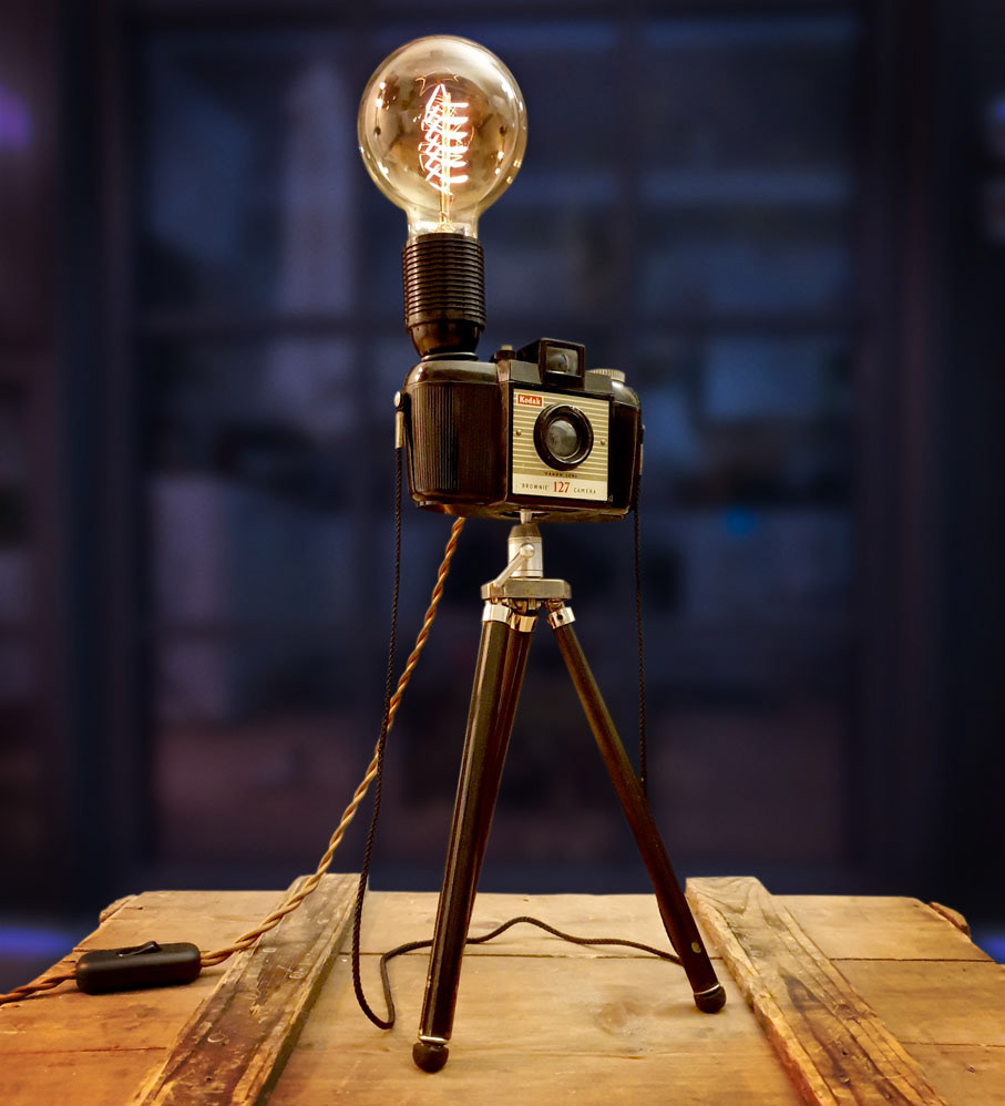 Upcycled Vintage 1950s Kodak Brownie Camera Edison Tripod Lamp