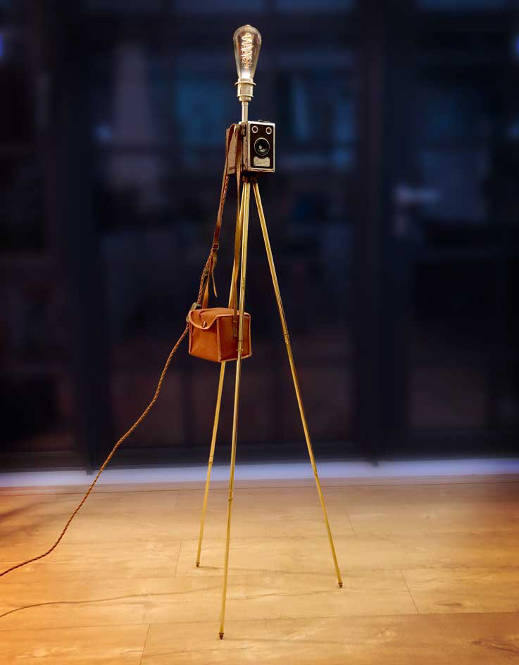 Vintage brass tripod camera lamp