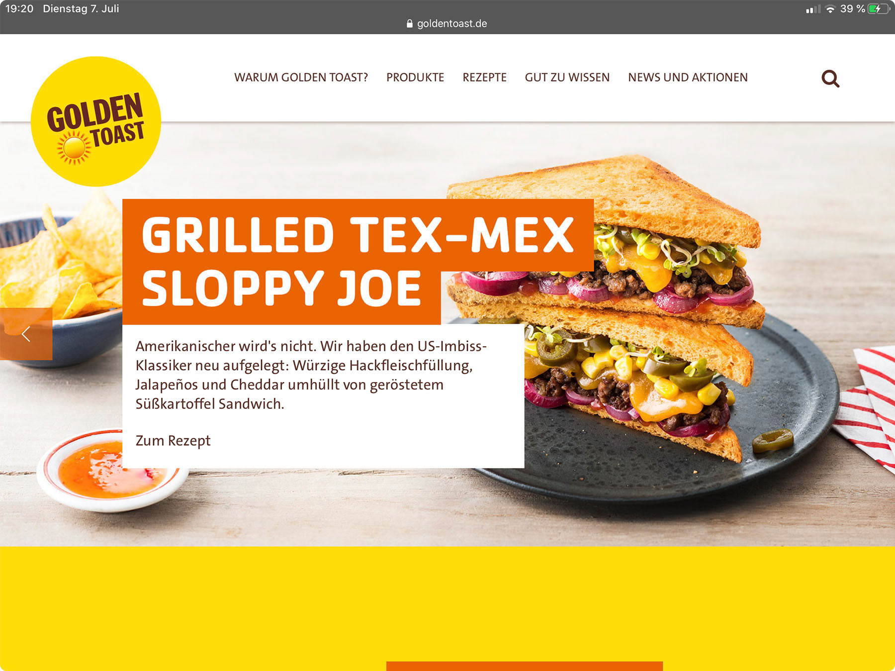 Startscreen der Golden Toast Website