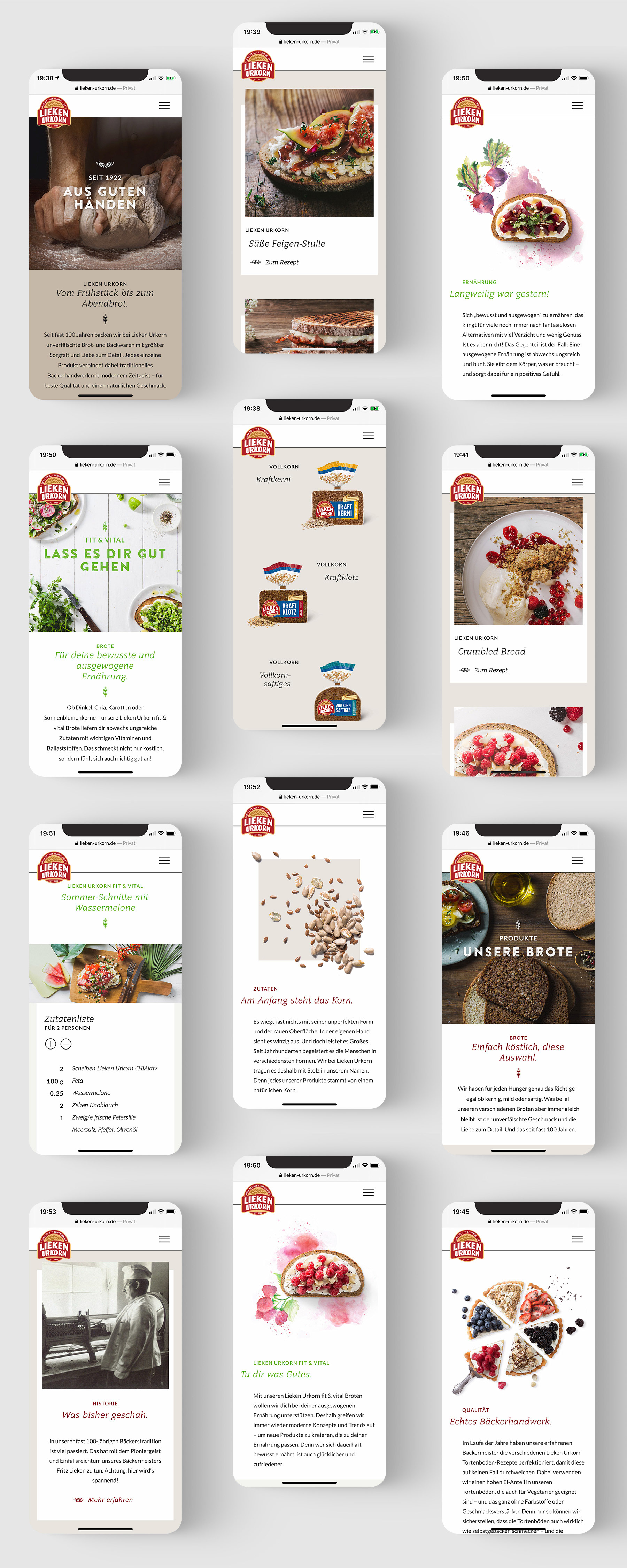 Lieken Urkorn Website Redesign. Verschiedenen Ansichten auf Smartphonescreens.