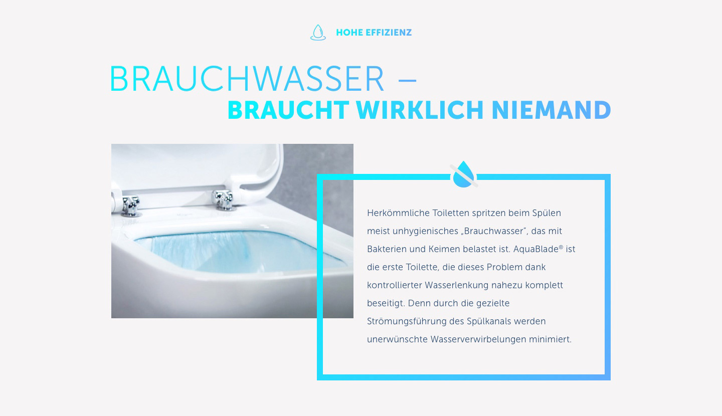 Desktopansicht. Thema hohe Effizienz auf der Aquablade Website.
