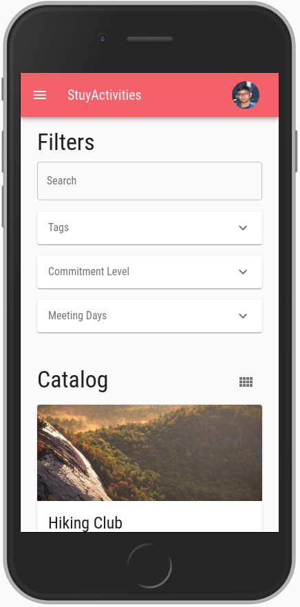 The catalog page where users can discover new activities in the school.