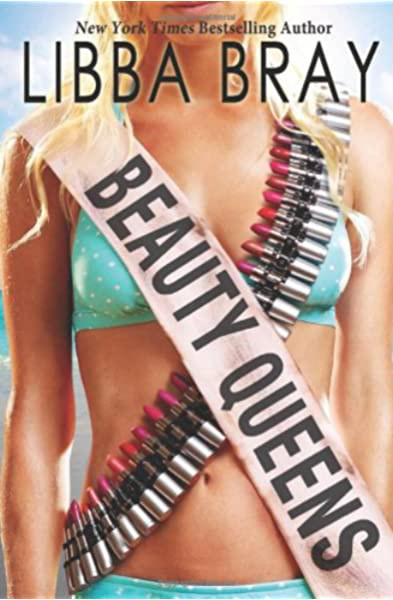Book cover: A girl in a blue bikini is wearing both a sash that says "beauty queens" and a bandolier.