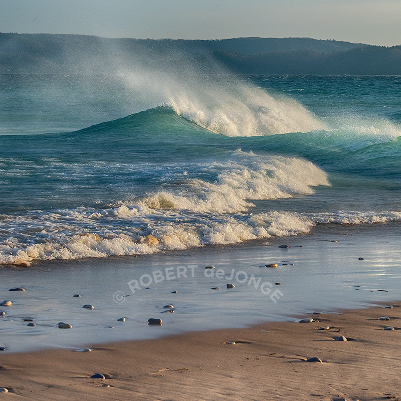 Waves crash with a flourish at Sleeping Bear point when the wind is from the south.