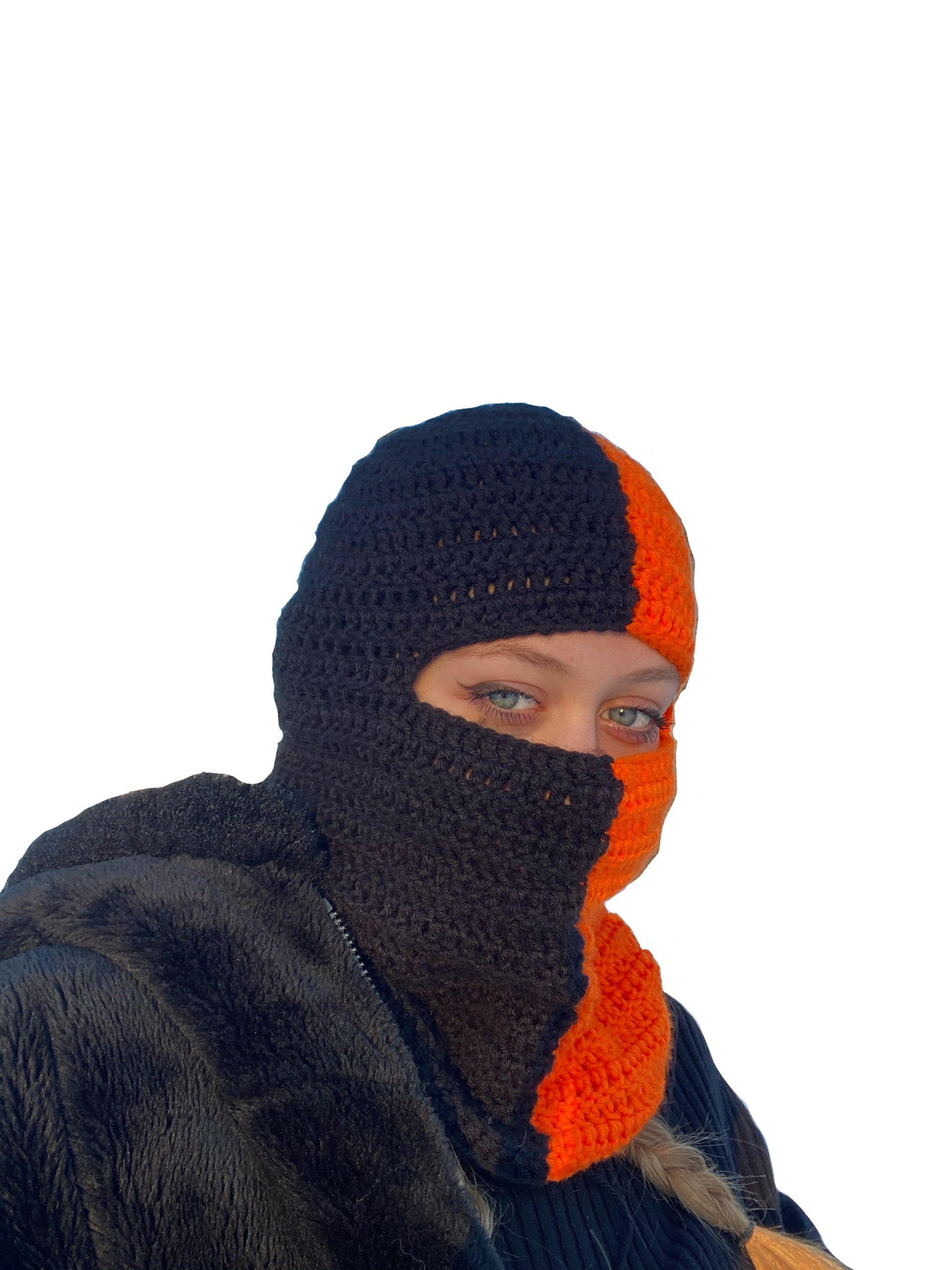 hanna (lil crochet baby), "Black and Orange Split Ski Mask," 2020 (@lilcrochetbb)