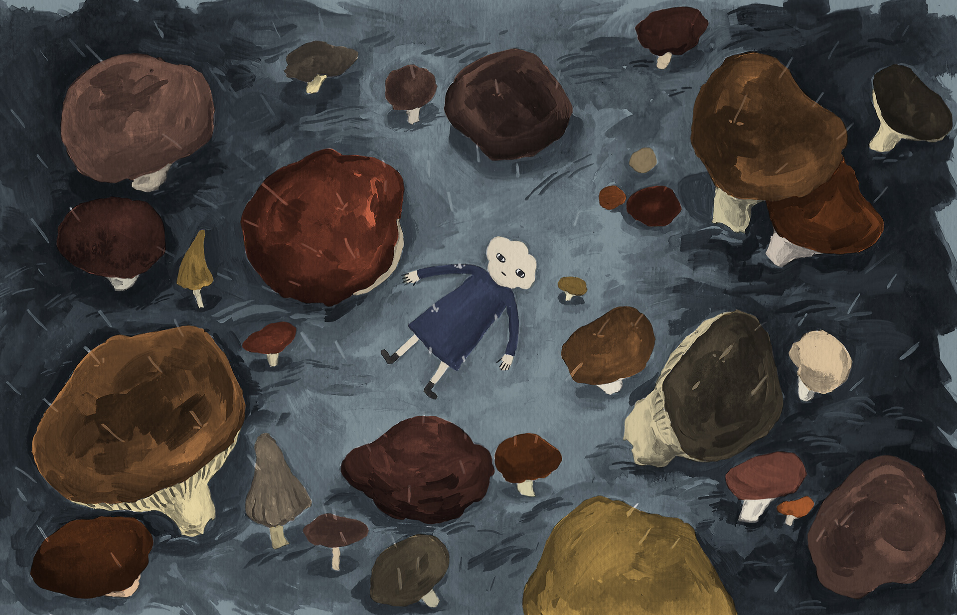 Lying in a field of mushrooms.