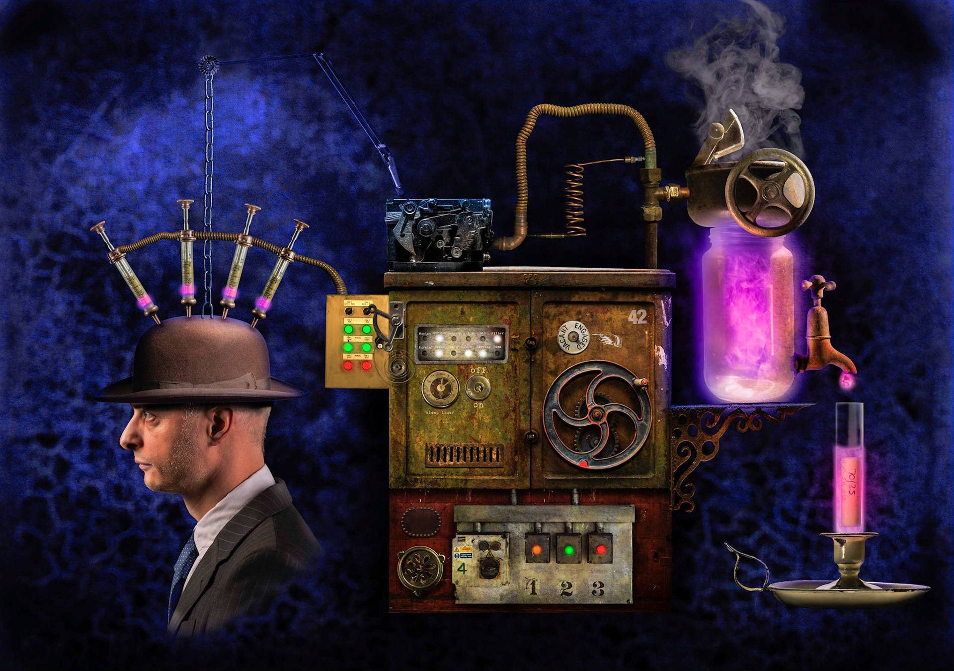 The Thought Distiller: In a hectic Edwardian world it can sometimes be difficult to juggle ones many thoughts. Not anymore! When you need to store a thought simply put the attached hat on and your thoughts will be painlessly extracted and processed before being bottled and labelled for future use.
