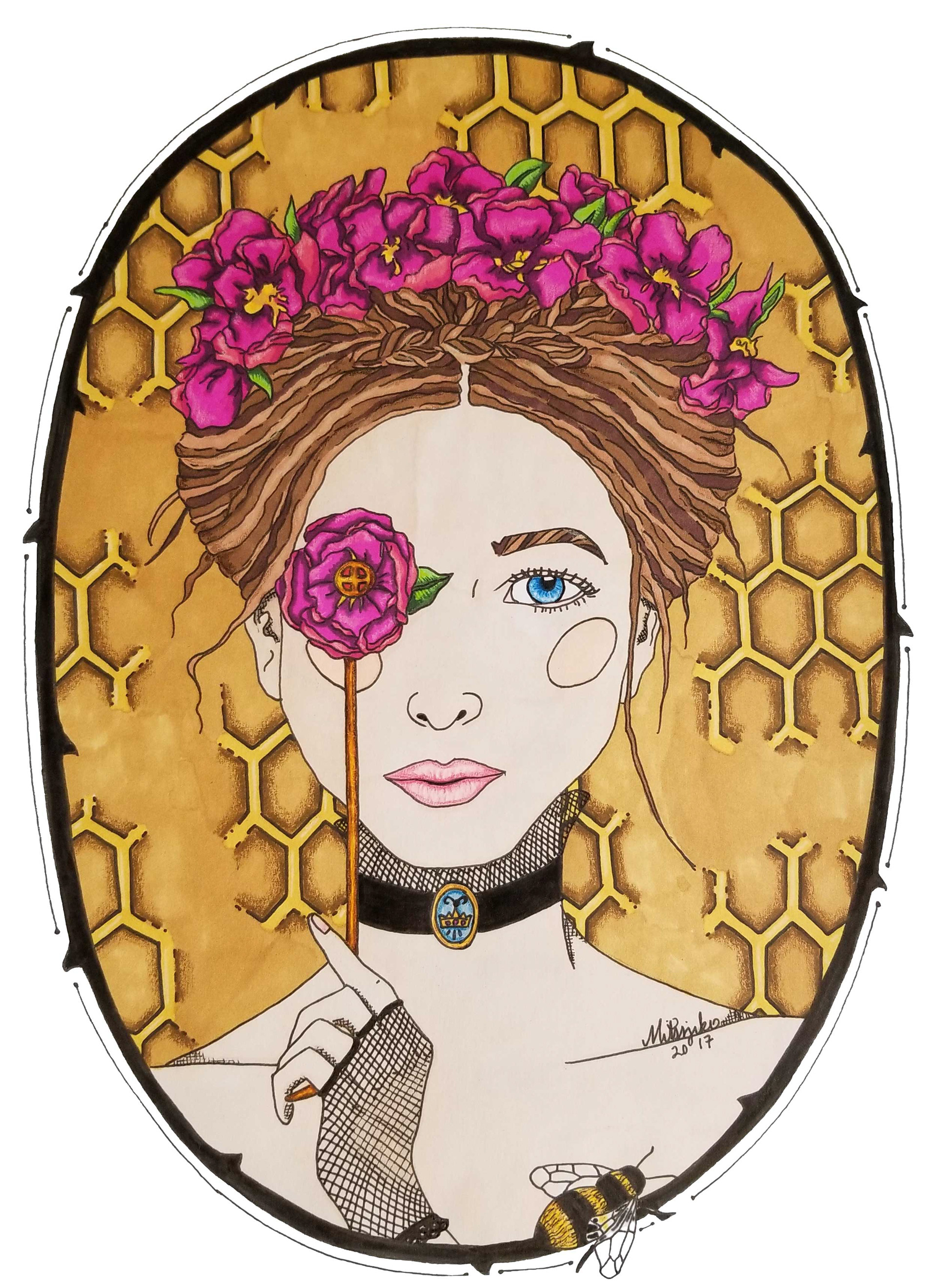 Bee Queen - alcohol markers, colored pencils & ink