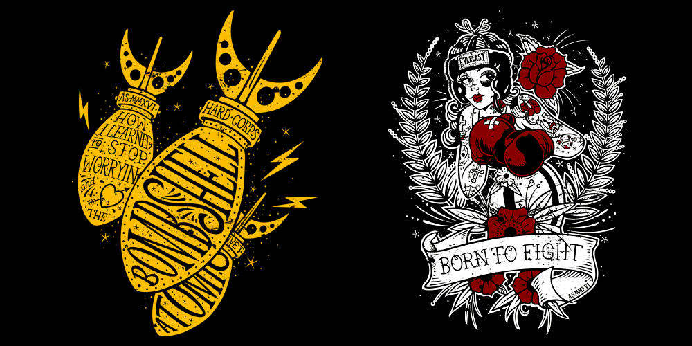 'Love the Bombshell' & 'Born to Fight - illustrations for garment print
