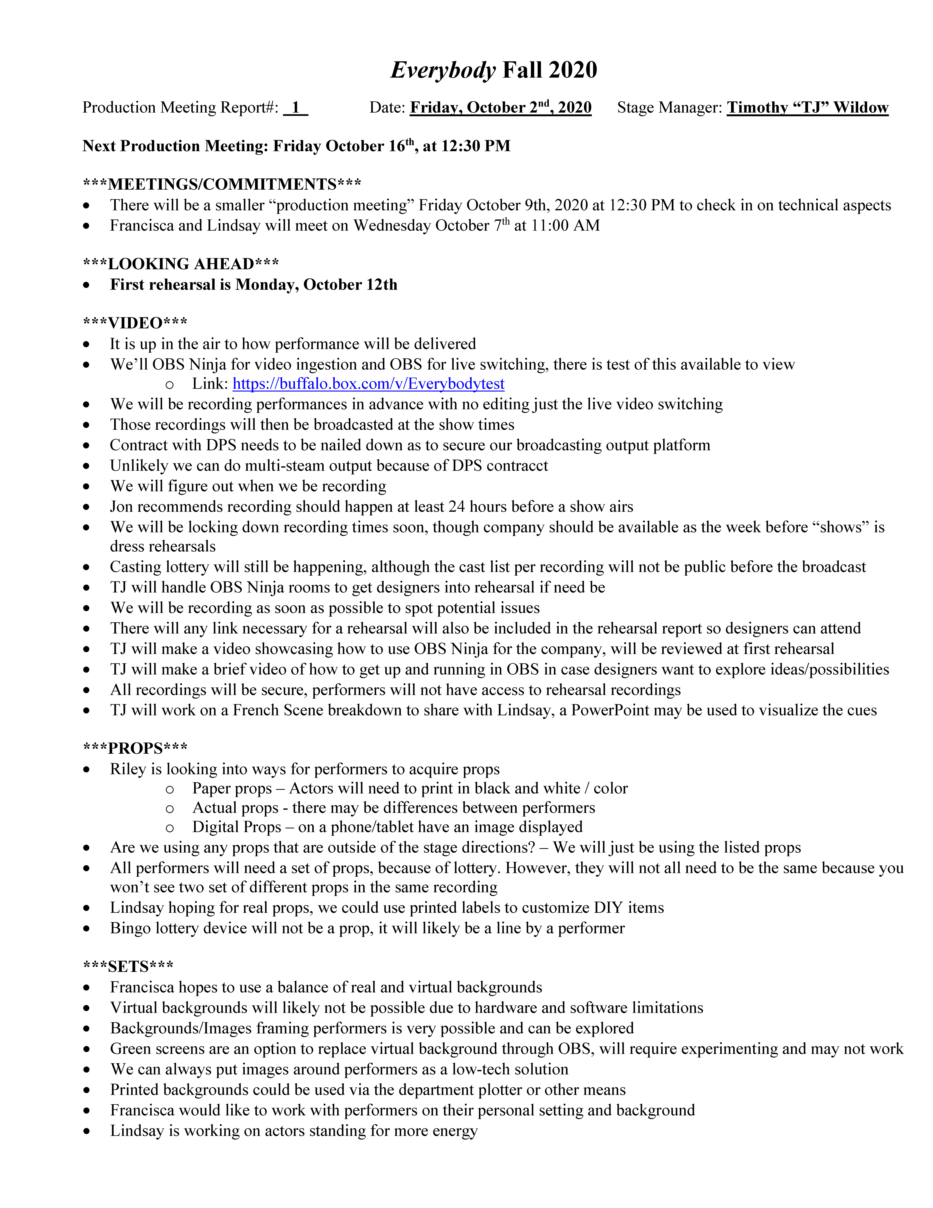 Production Meeting Report Sample Page 1
