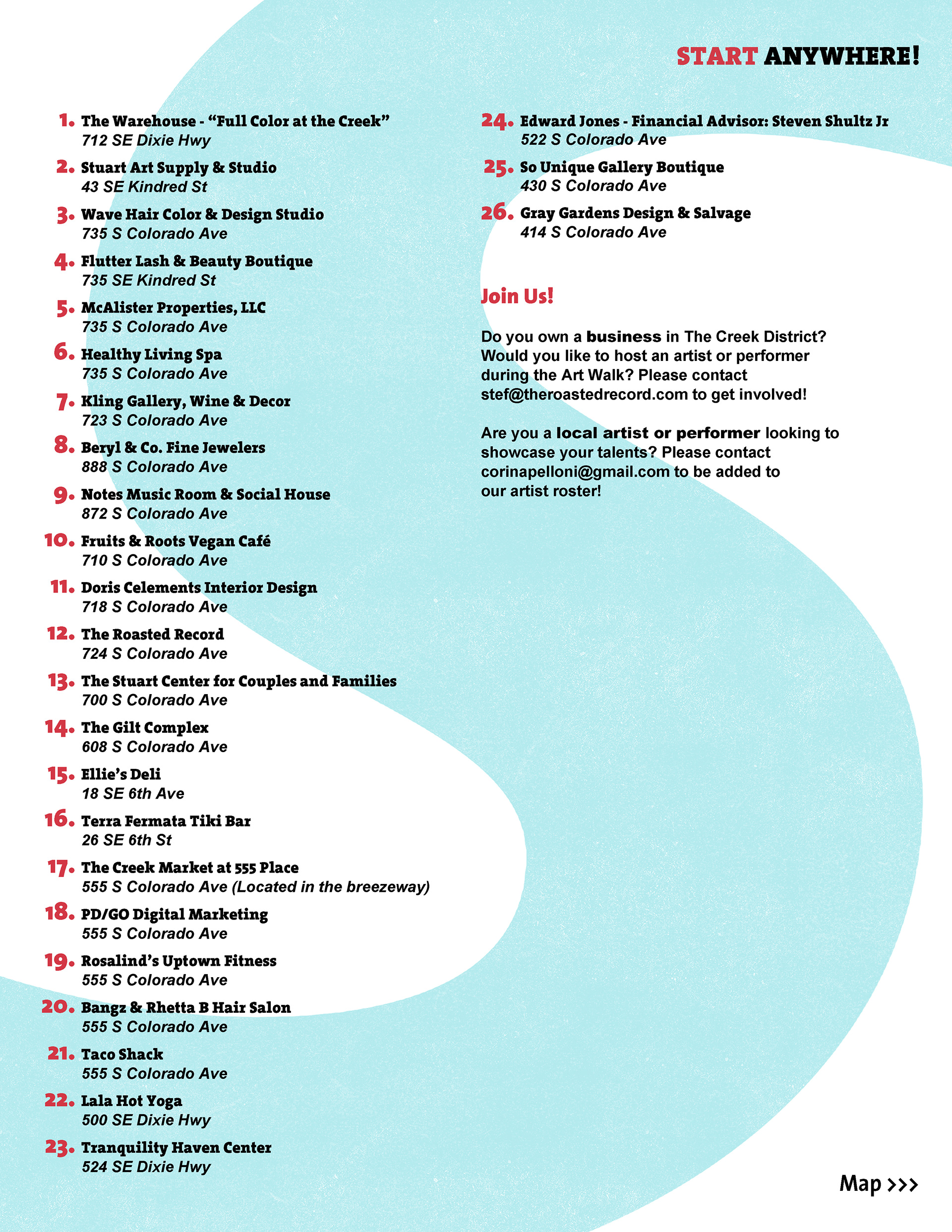 The Creek District Art Walk Map Design (Back)