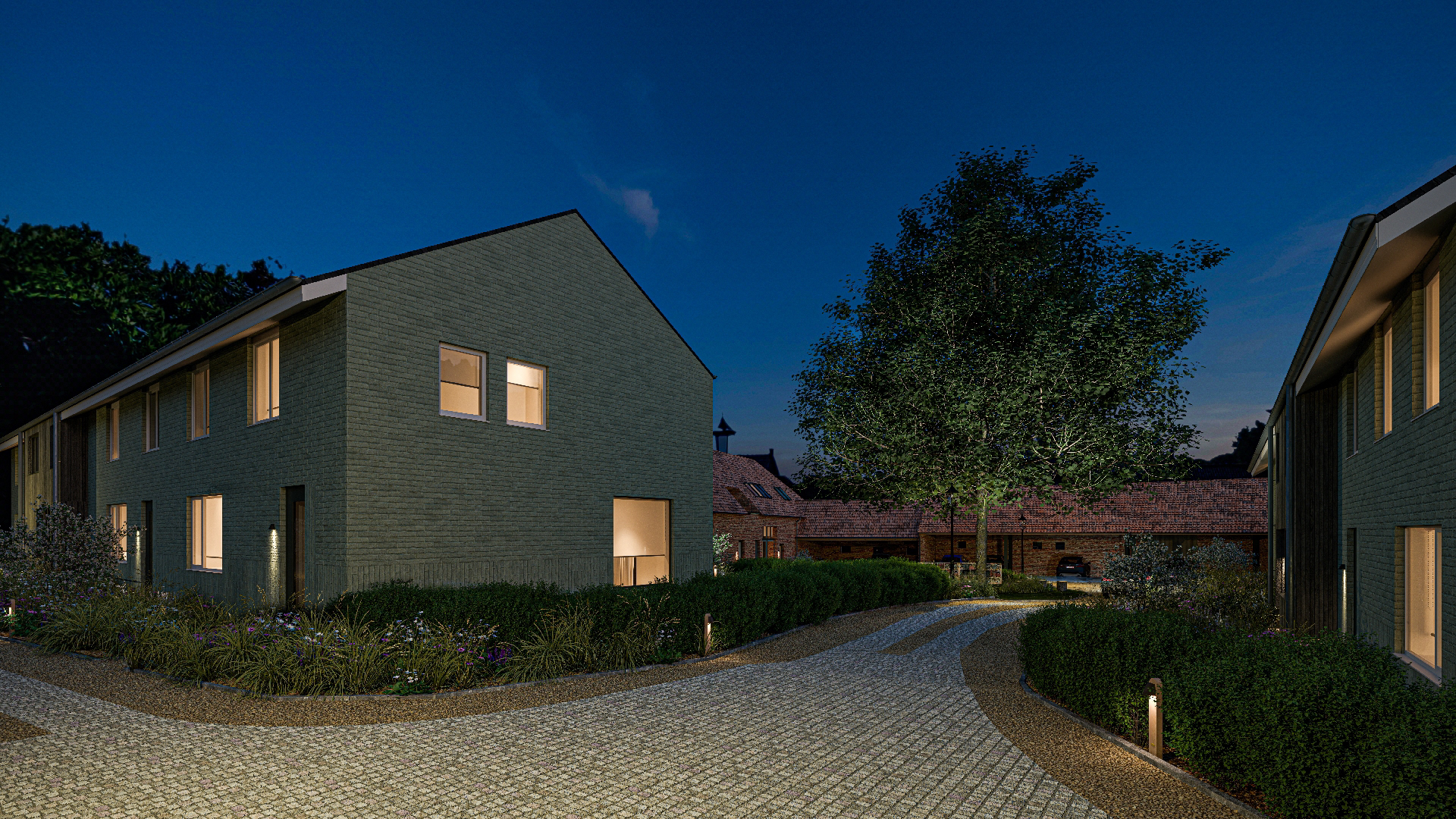 Nachtbeeld van gebouwen en tuinen
