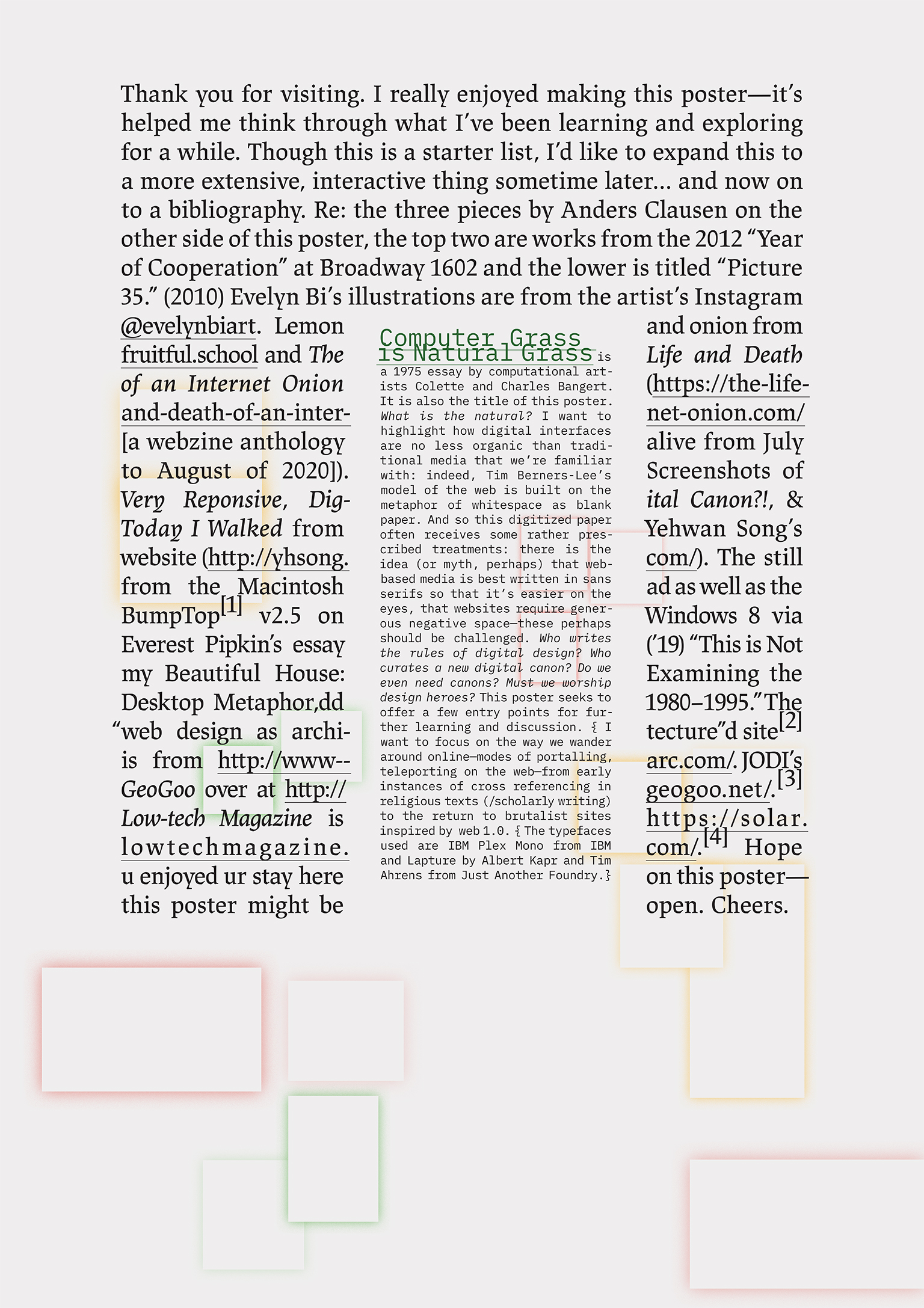 back/reverse side of a poster: a packed-in block of text encircles a smaller, more narrow paragraph in the center. several rectangles with soft red, yellow, and green shadows float about around the bottom.