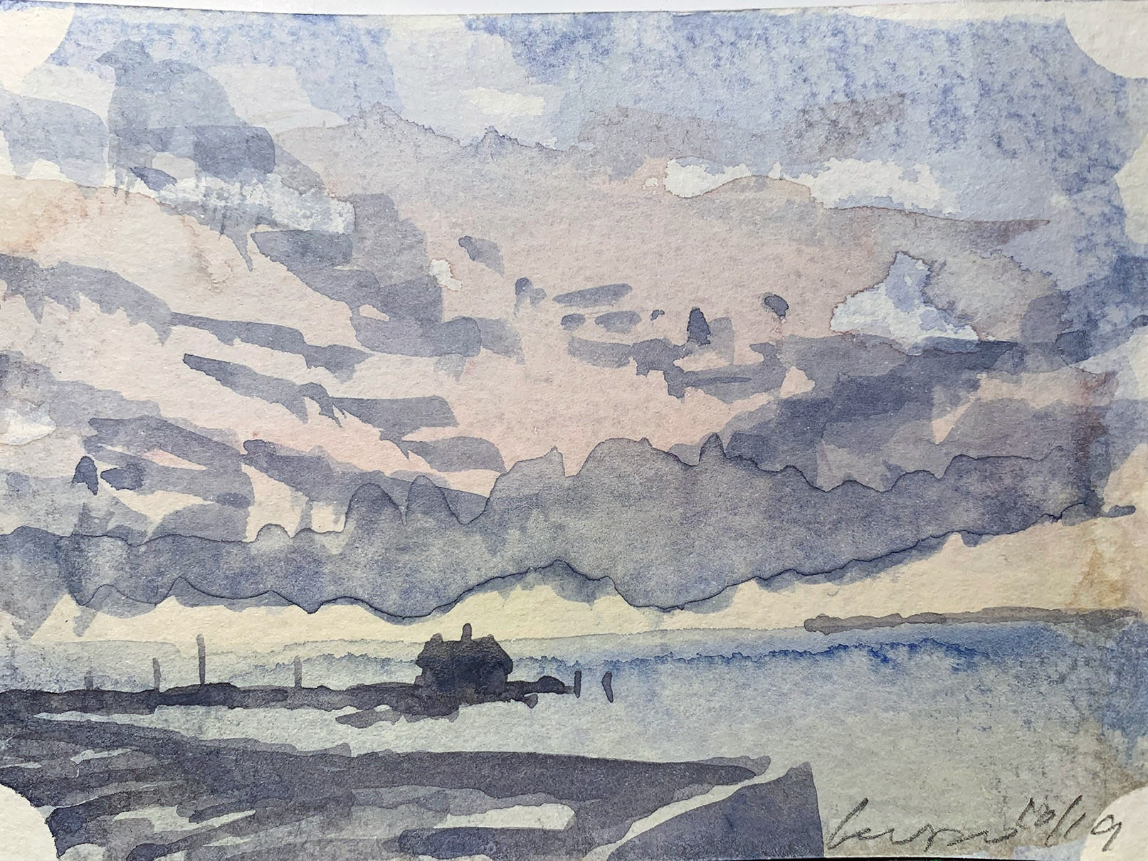 "Dock at Dusk", "Saltaire Beach Dawn I", Watercolor on Arches Paper, 2019 