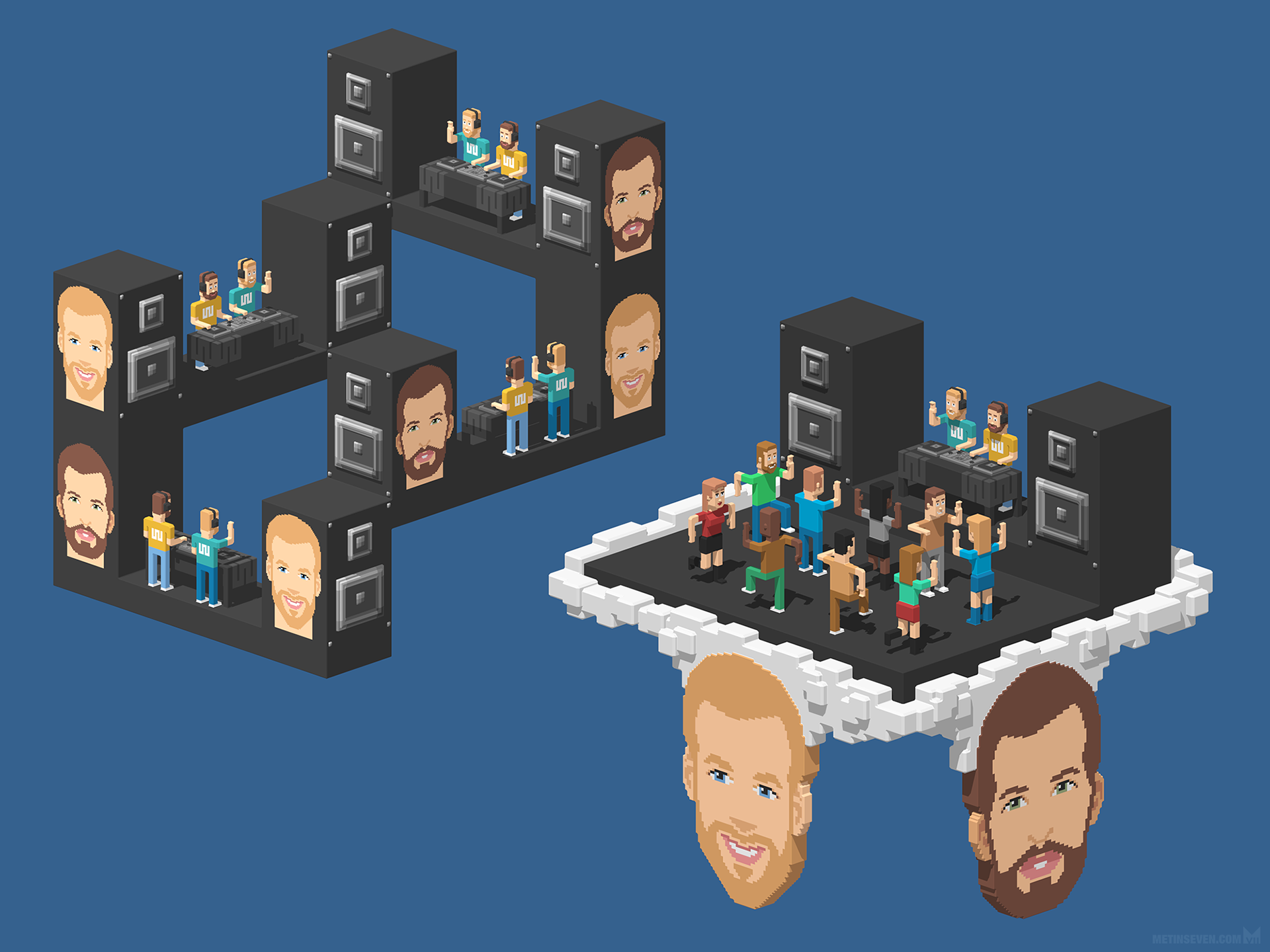waede watts, dj, producer, duo, music, album, art, artwork, illustration, illustratie, techno, rave, gig, party, dance, isometric, voxel, voxels, 3d, pixel art
