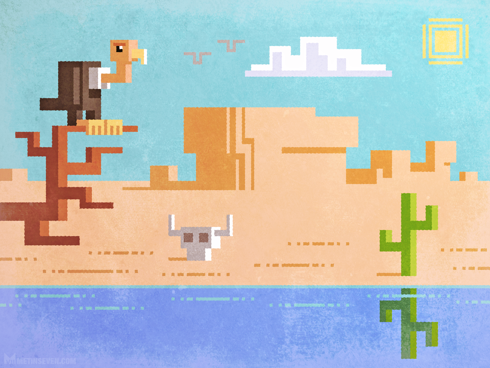 Orthographic pixel illustration of a desert scene • Orthografische pixel-illustratie van een woestijntafereel