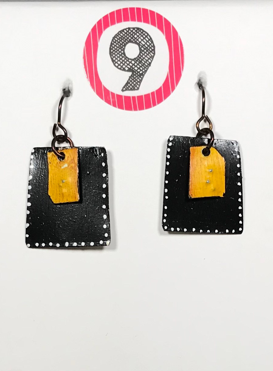 Penny Cox - Grunge Earrings - Mixed media; Tin, Paper, Acrylic, Magic Markers, Niobium Wire - $40