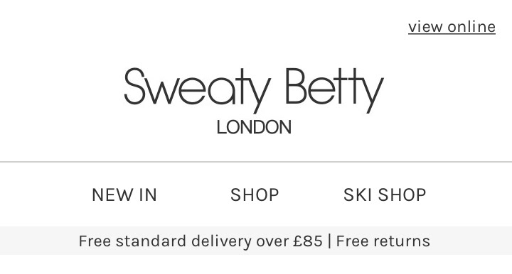 header logo and navigation bar of sweaty bettys welcome email. Lindsey ahmet graphic designers analysis of marketing emails