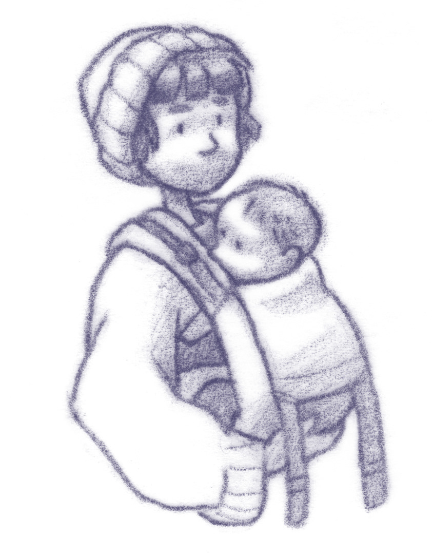 Frau mit Baby in Komforttrage, Bauchtrage. Illustration.