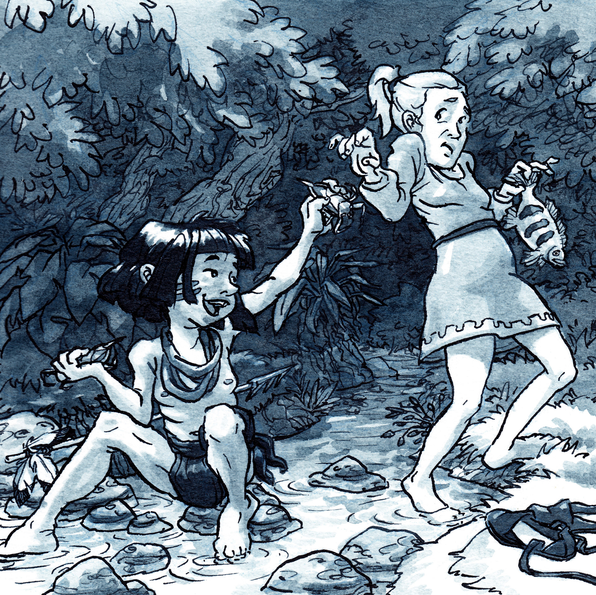 Szene an einem Bach im Urwald: Indigenes Mädchen, das ein grßes Wasserinsekt gefangen hat, hält begeistert die Beute ihrer Freundin entgegen. Diese streckt zaghaft ihre Hand danach aus. Illustration in Tusche.
