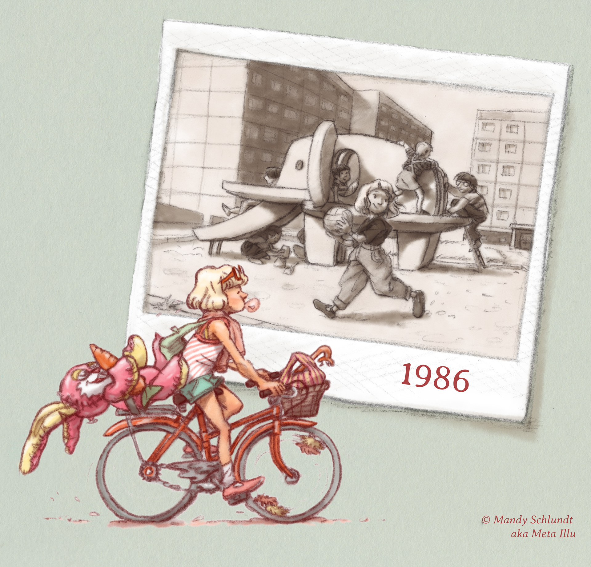 Im Jahr 1986: Vergilbtes Schwarzweiß-Foto zeigt Mädchen auf Spielplatz in Plattenbau-Siedlung. Mädchen fährt mit voll beladenem Fahrrad zum Schwimmbad. Digitale Illustration.