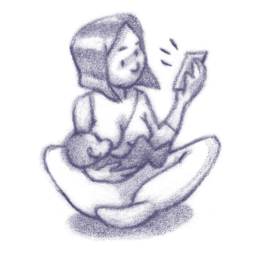 Frau stillt Baby auf Schoß mit Smartphone. Illustration.