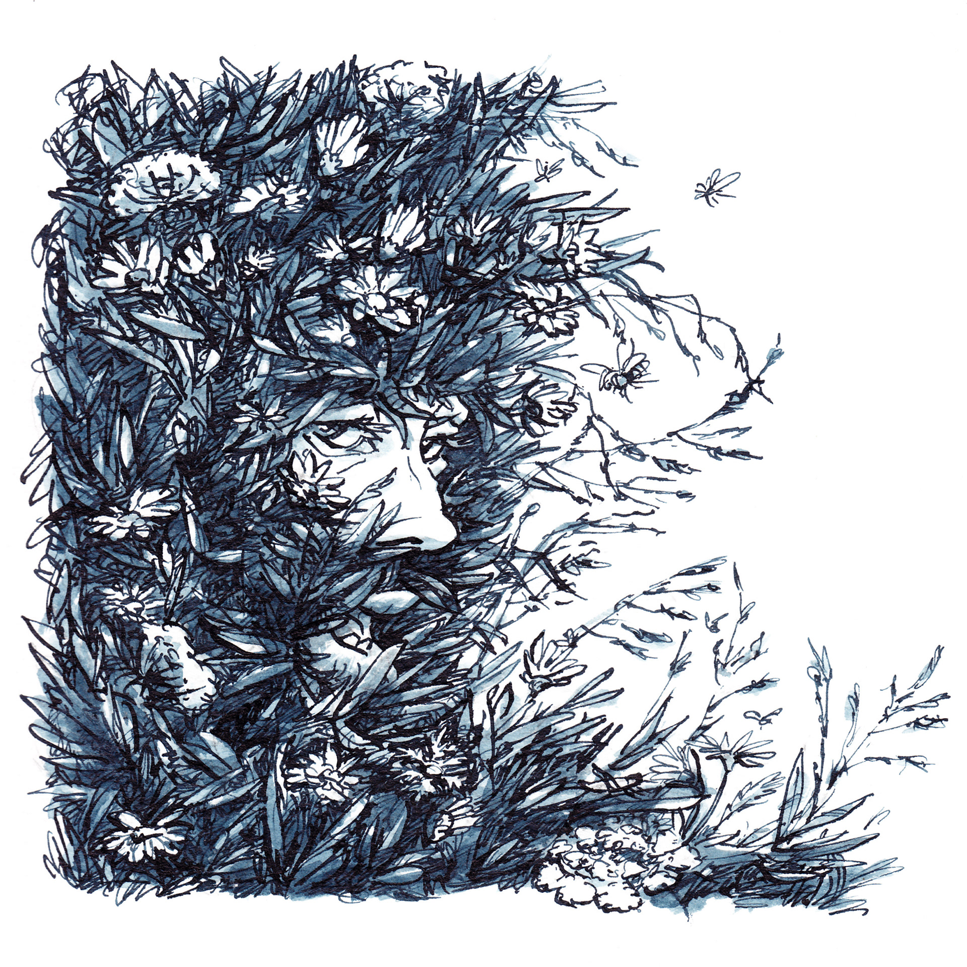 Bärtiger Mann, der von Wiese überwachsen wird. Illustration in Tusche.