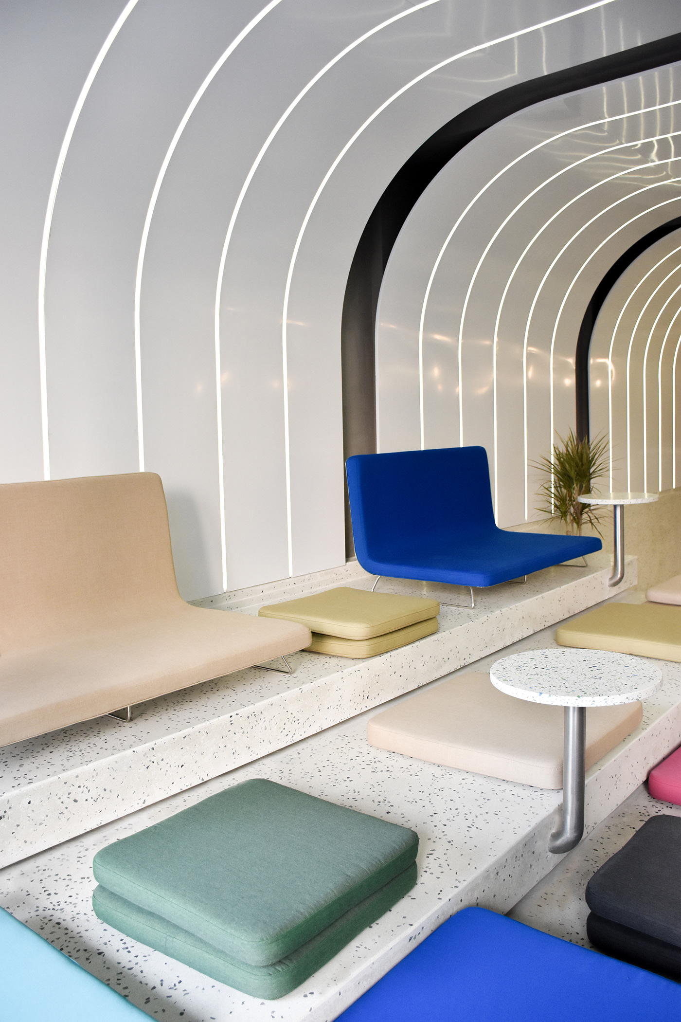 green option, interior design, ramoprimo, details, ceiling, lighting, bar area, platform, restaurant, food court, terrazzo,