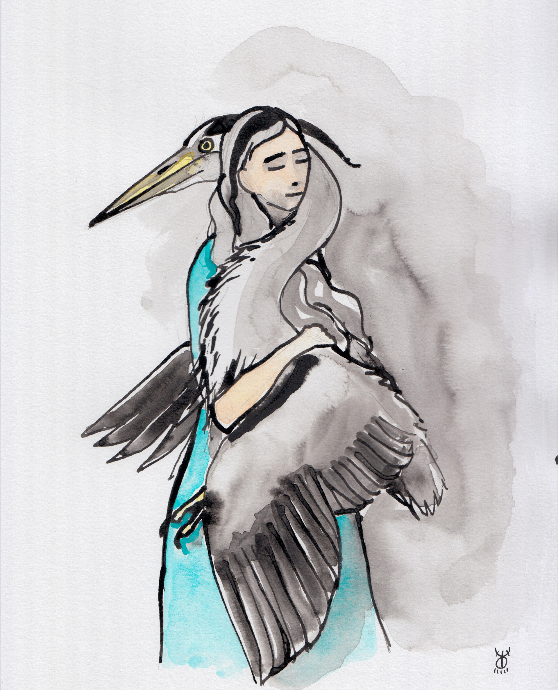 Molly holding Frank -2020, Ink & watercolour, 25 x 21cm £25