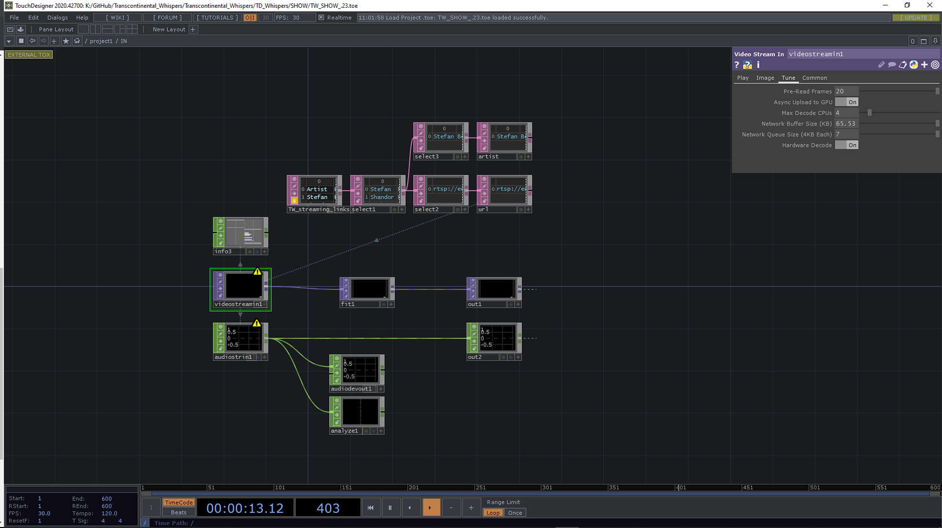Each Station uses a TouchDesigner patch to receive the av stream of the neighbouring station and to stream out their own performance.
