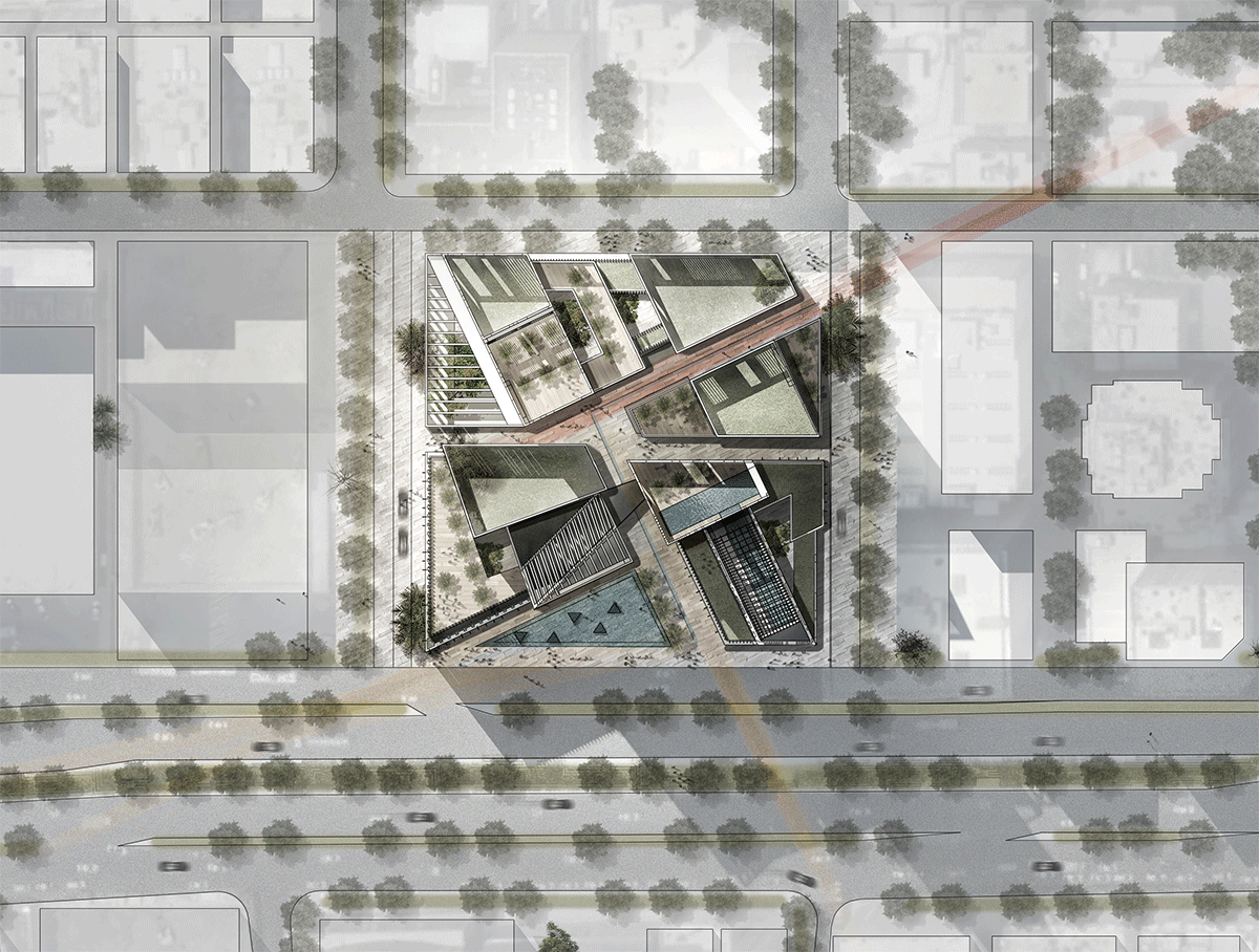 Architectural site plan showing building breakdown into smaller portions and sikkas. With views coming from the main street and towards Al Haram and Mina. Project Pilgrim Oasis by Design and More International in collaboration with Eggink designs.
