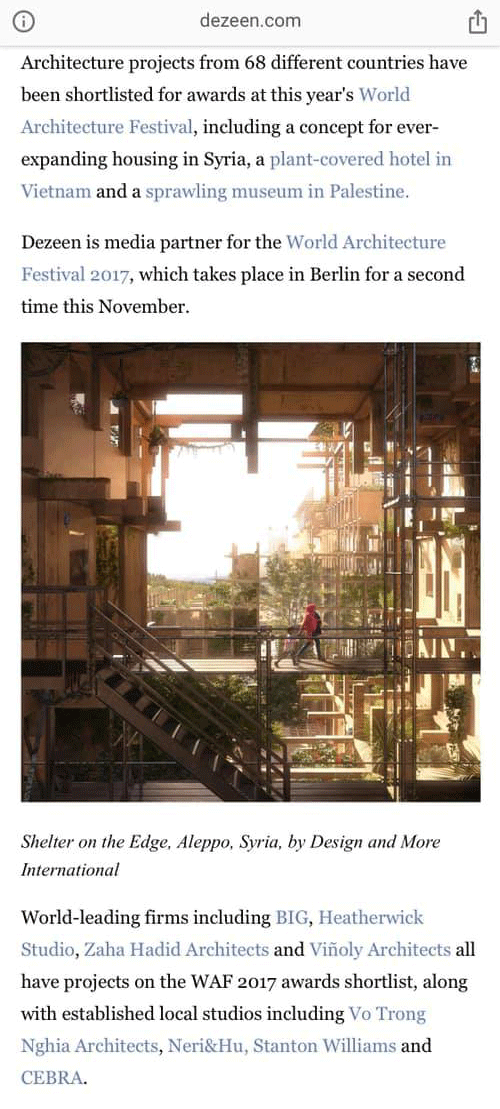 Dezeen news feed showing Shelter on the edge visual as part of the text highlighting 2017 WAF finalists